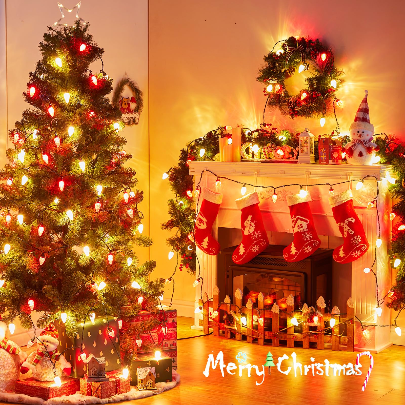 Brightown C9 LED Christmas String Lights, 33ft 50 Waterproof Lights, Red and Warm White, Green Wire for Indoor/Outdoor Decor