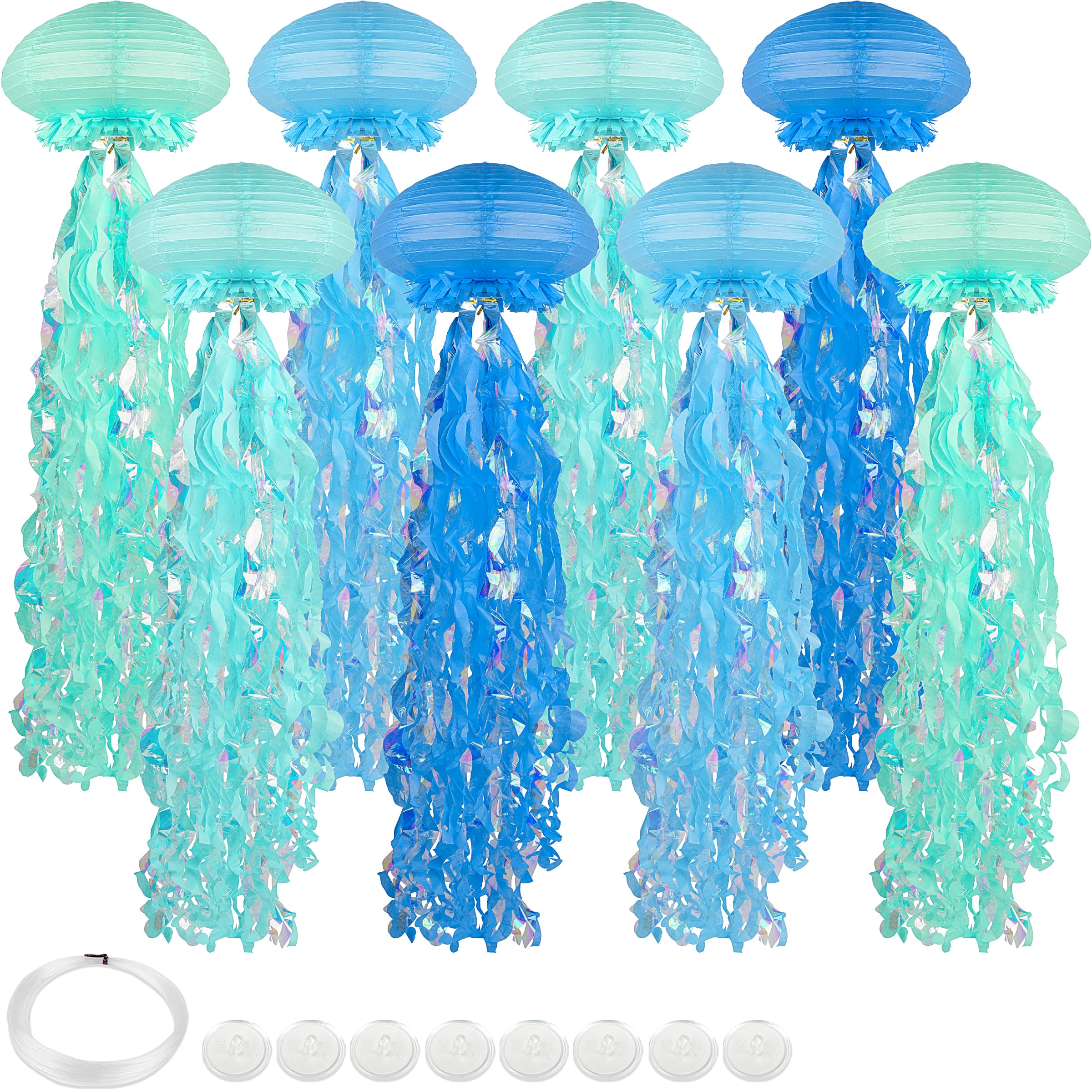 Bisanzoya 8 pcs Jellyfish Paper Lanterns, Metal, Dark Blue + Light Blue + Tiffany Blue, Hanging Decorations for Ocean Birthday Party
