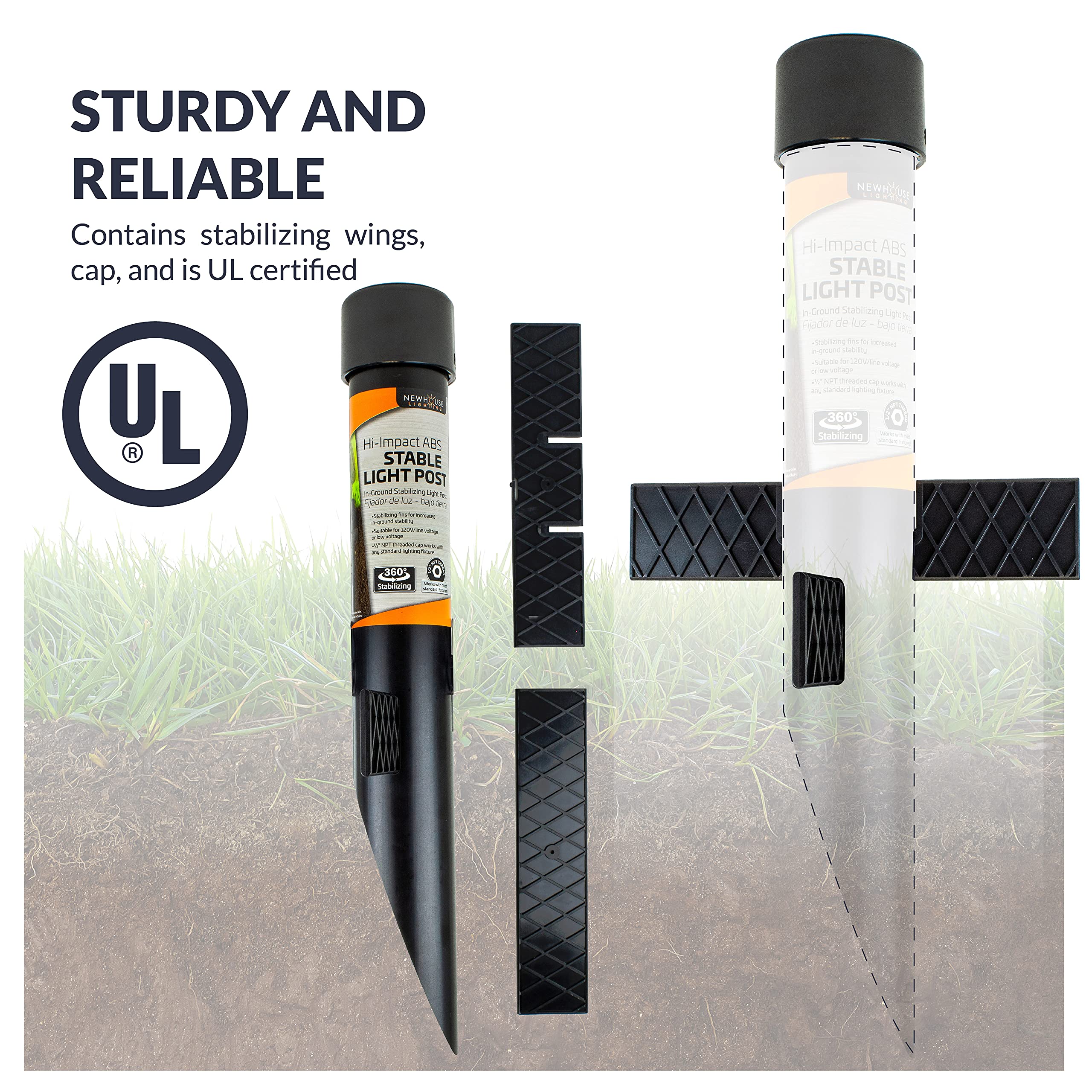 Newhouse Lighting Mpost17 2.5-Inch Outdoor Mounting Post With Cap And Stabilizing Wings For Landscape Flood Lights, Black, 17.63