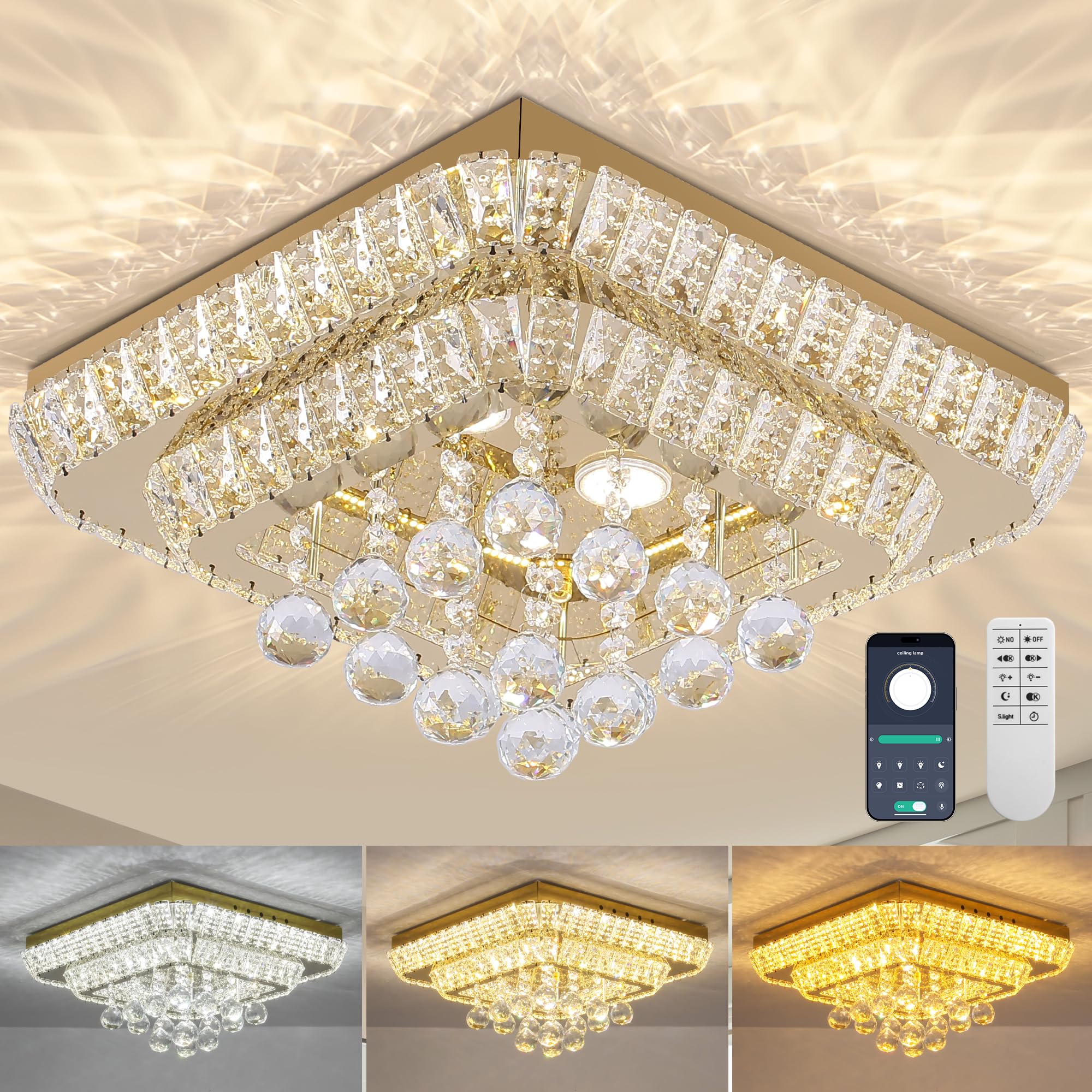 REDSTAR 18in Gold Crystal Flush Mount Ceiling Light, K9 Crystal & Stainless Steel, Remote & APP Control, Model A228-18in-GD