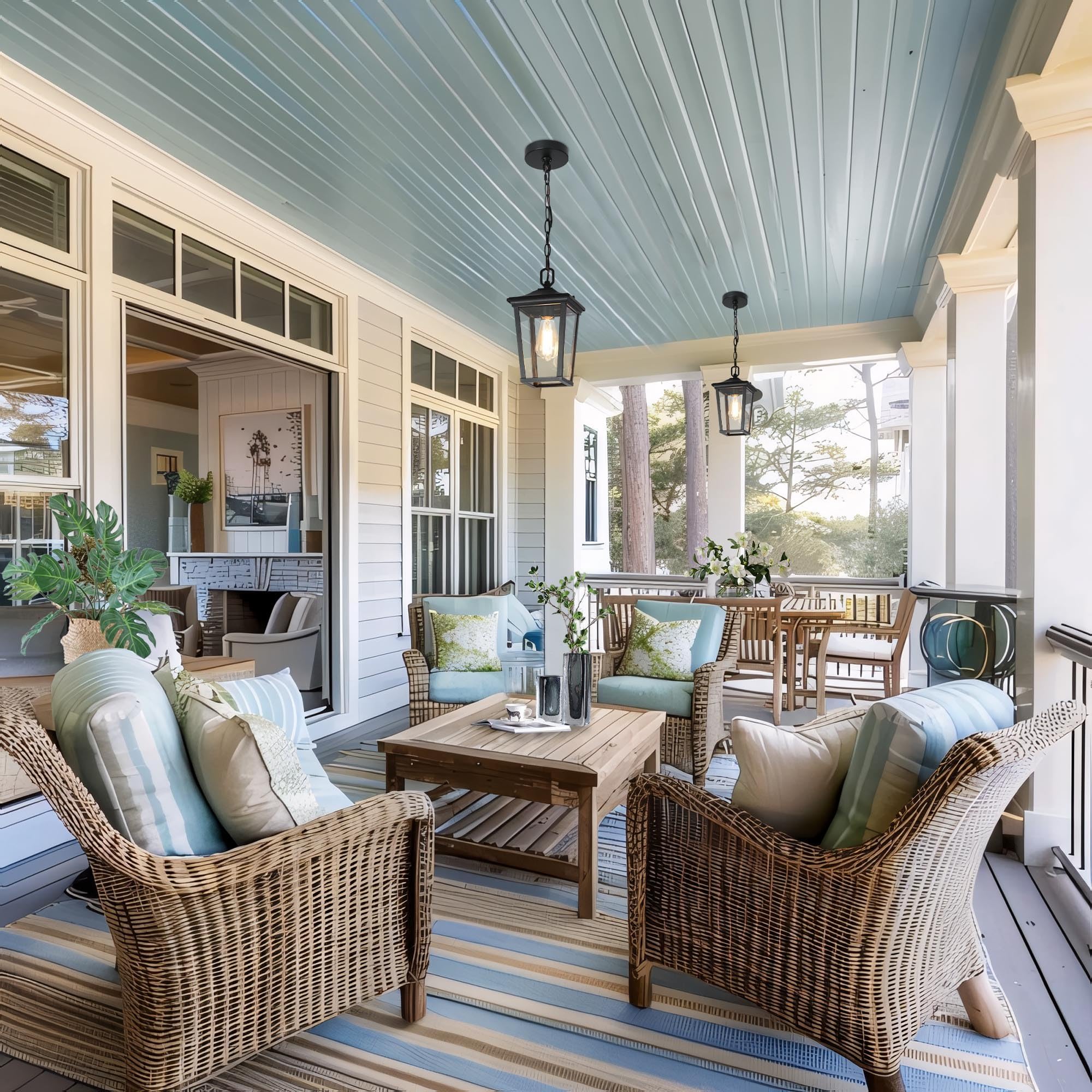 Gepow Outdoor Pendant Light, Black Anti-Rust Hanging Lantern With Adjustable Chain, Clear Glass