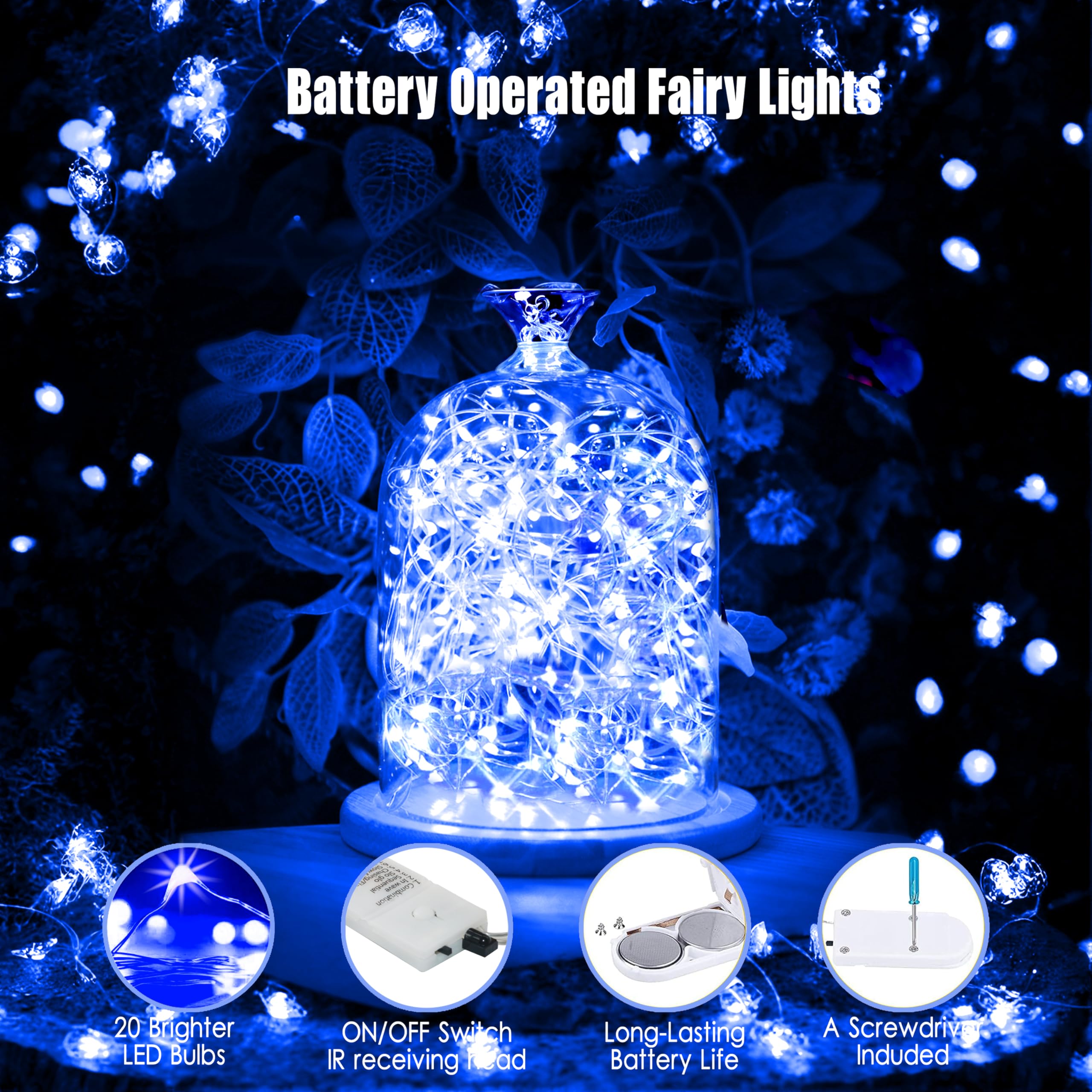 6 Pack Fairy Lights Battery Operated String Lights With Timer 2Pcs Remote 6.5Ft 20Led Blue Twinkle Lights Waterproof Silver Wire Firefly Lights Diy Mason Jar Crafts Wedding Party Christmas Table