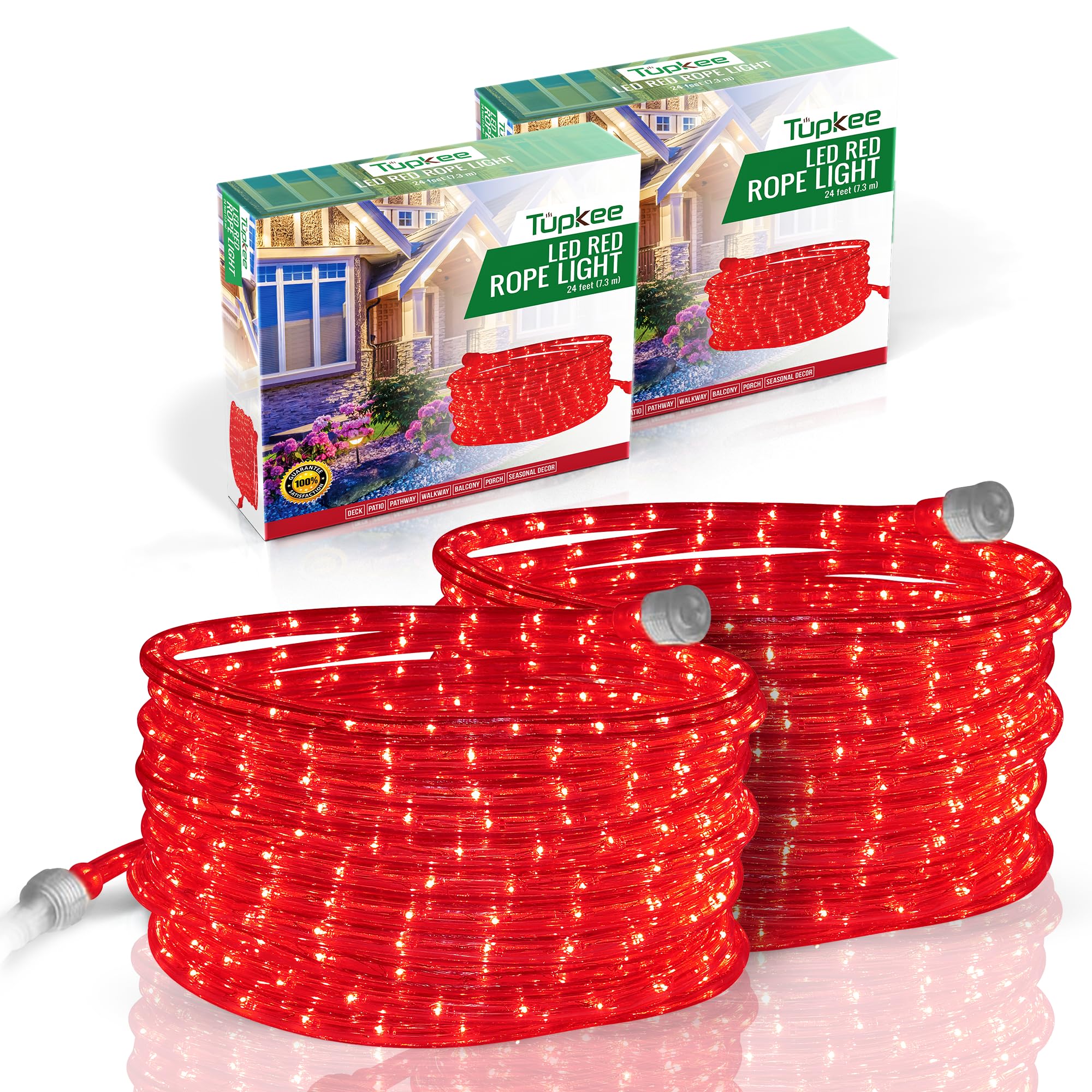 Tupkee LED Rope Light - 24 Feet, 144 LED, Plastic, Red, Pack of 2, Model E237798