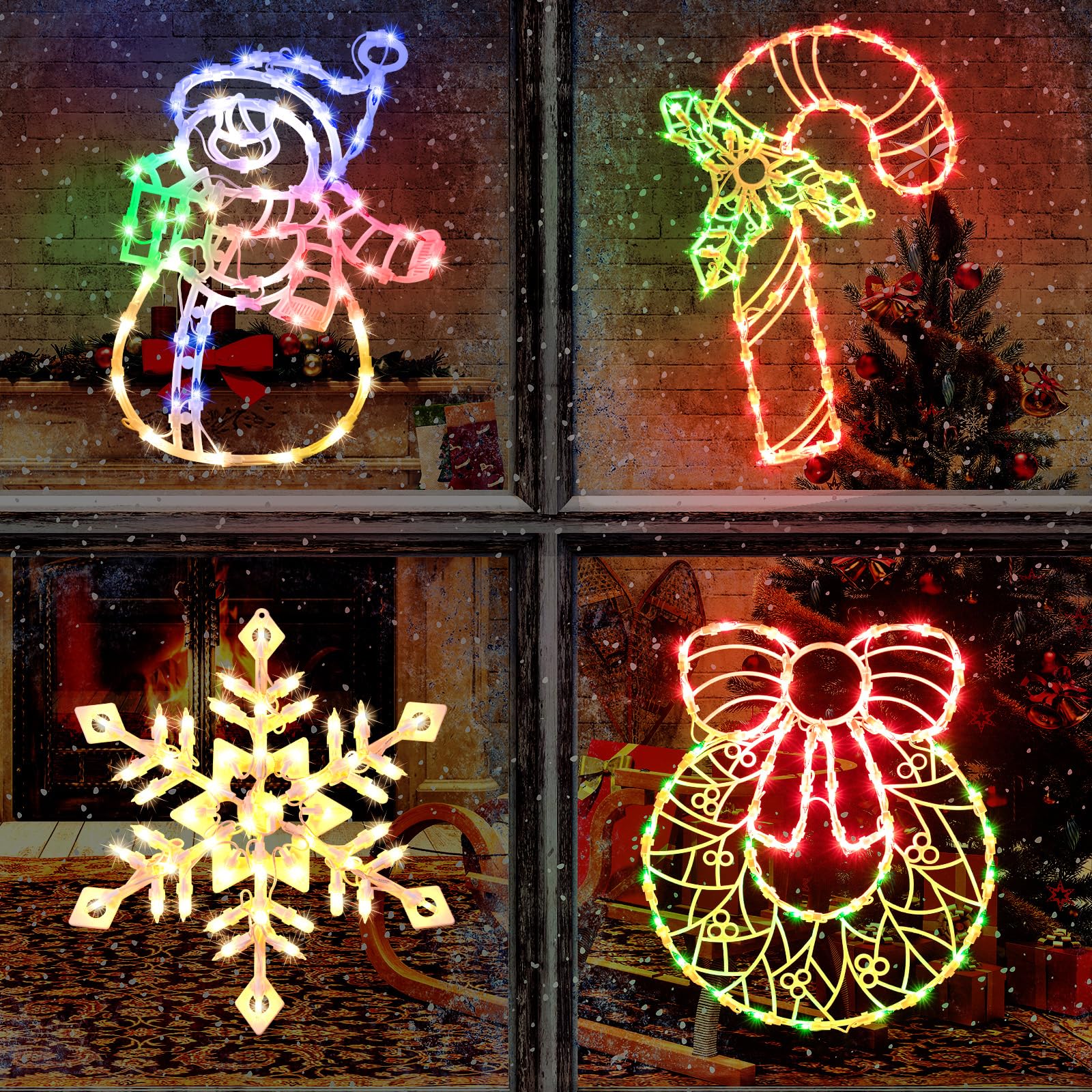 4 Pack Christmas Window Silhouette Lights Decorations, Lighted Wreath, Candy Cane, Snowflakes, and Snow Man Christmas Window Lig