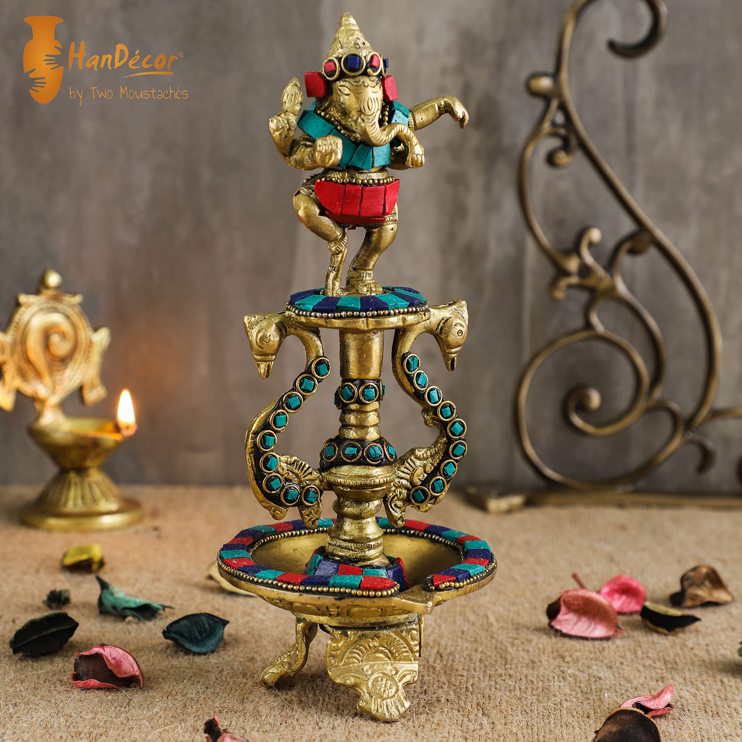 Two Moustaches Dancing Ganesha Gemstone Work Brass Oil Diya, Multicolored, Standard