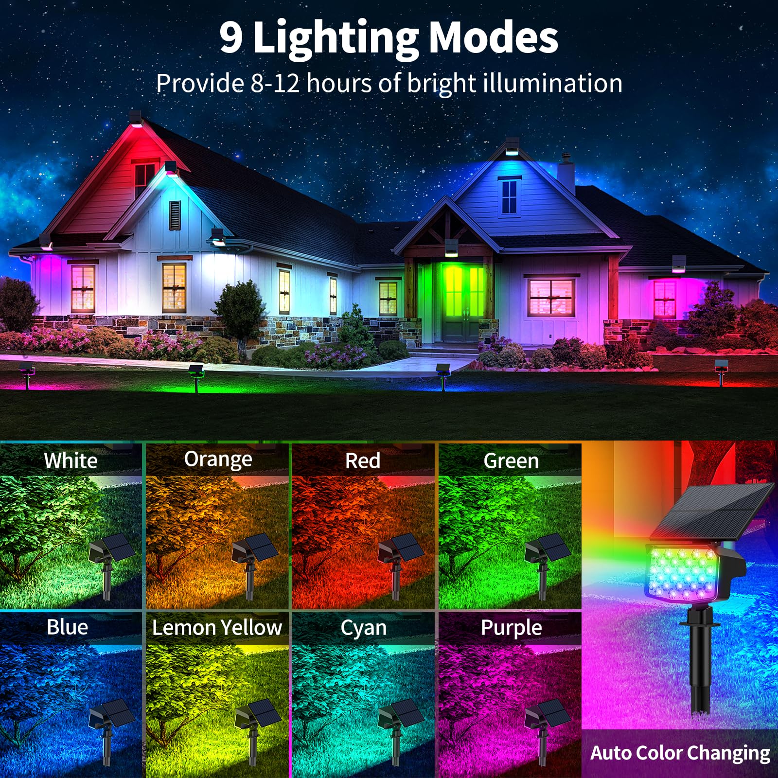 Minpea Solar Color Changing Spot Lights Outdoor, [9 Modes/8 Pack] Solar Christmas Lights Outdoor Waterproof Ip65, Multicolor Sol