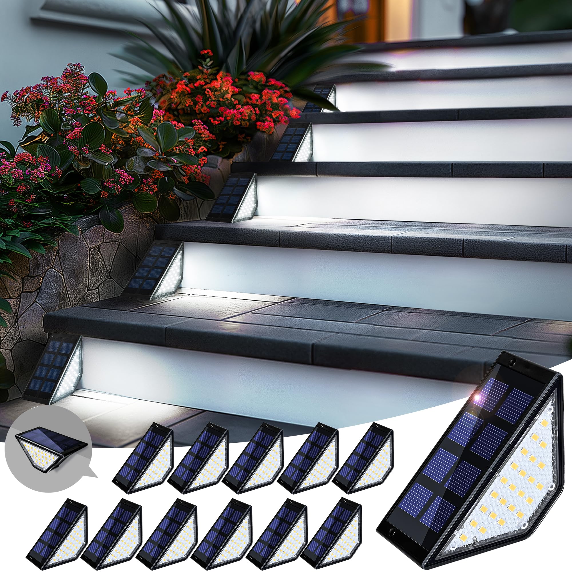PATIOWIN Solar Step Lights, 24 LEDs Waterproof IP65, 12 Pack, Cold White, Model 9086 for Outdoor Yard, Porch, Stair, Deck