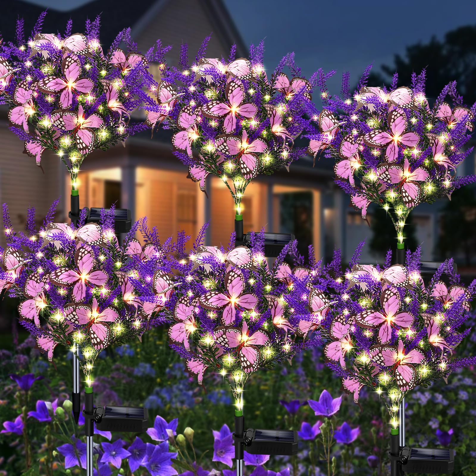 Kohlrabi Solar Garden Lights, 6 Pack Warm White Lavender Butterfly Decor for Lawn and Patio