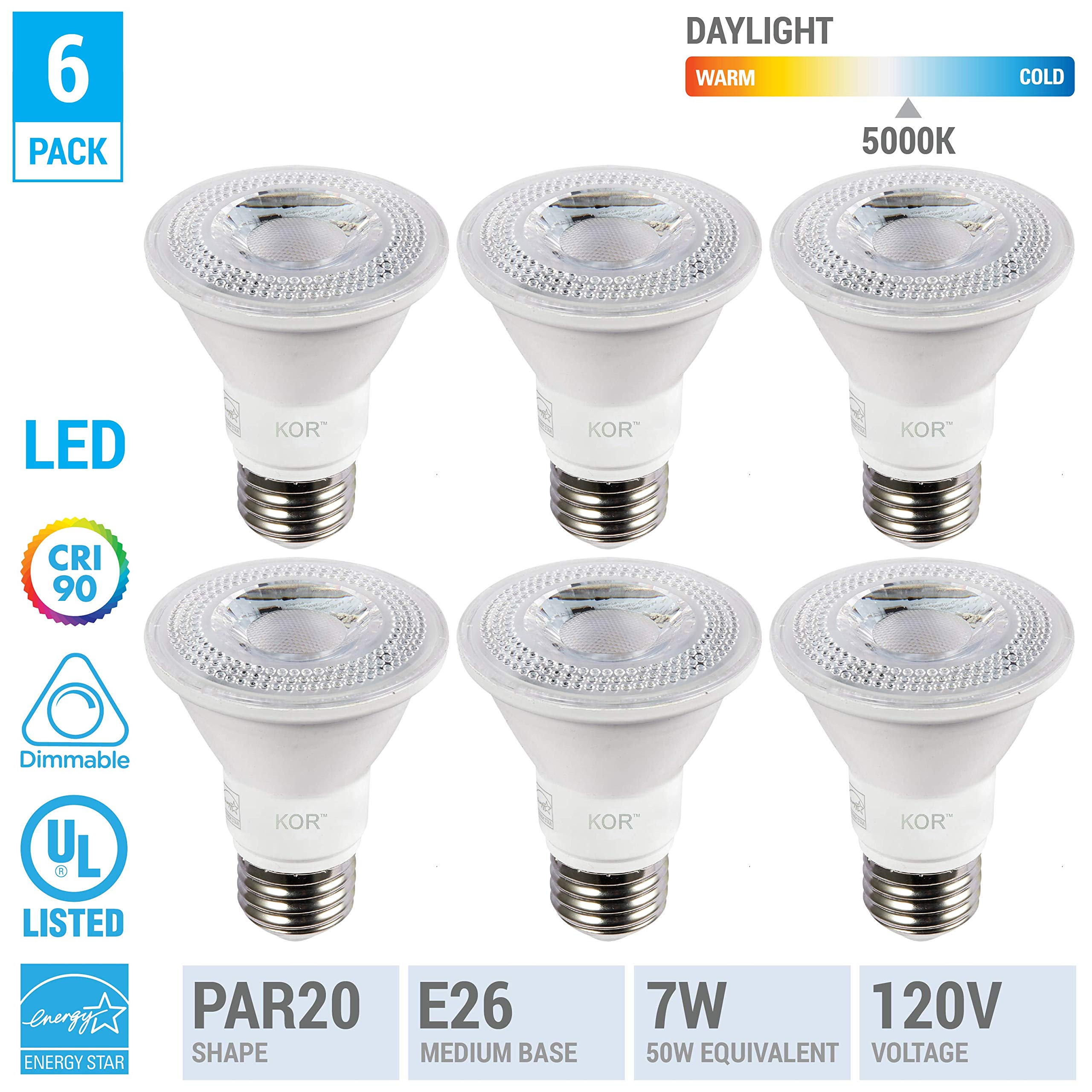 KOR LED PAR20 Light Bulbs, 8W (Replaces 50W), E26 Base, Waterproof, 5000K Day-Light, Pack of 6