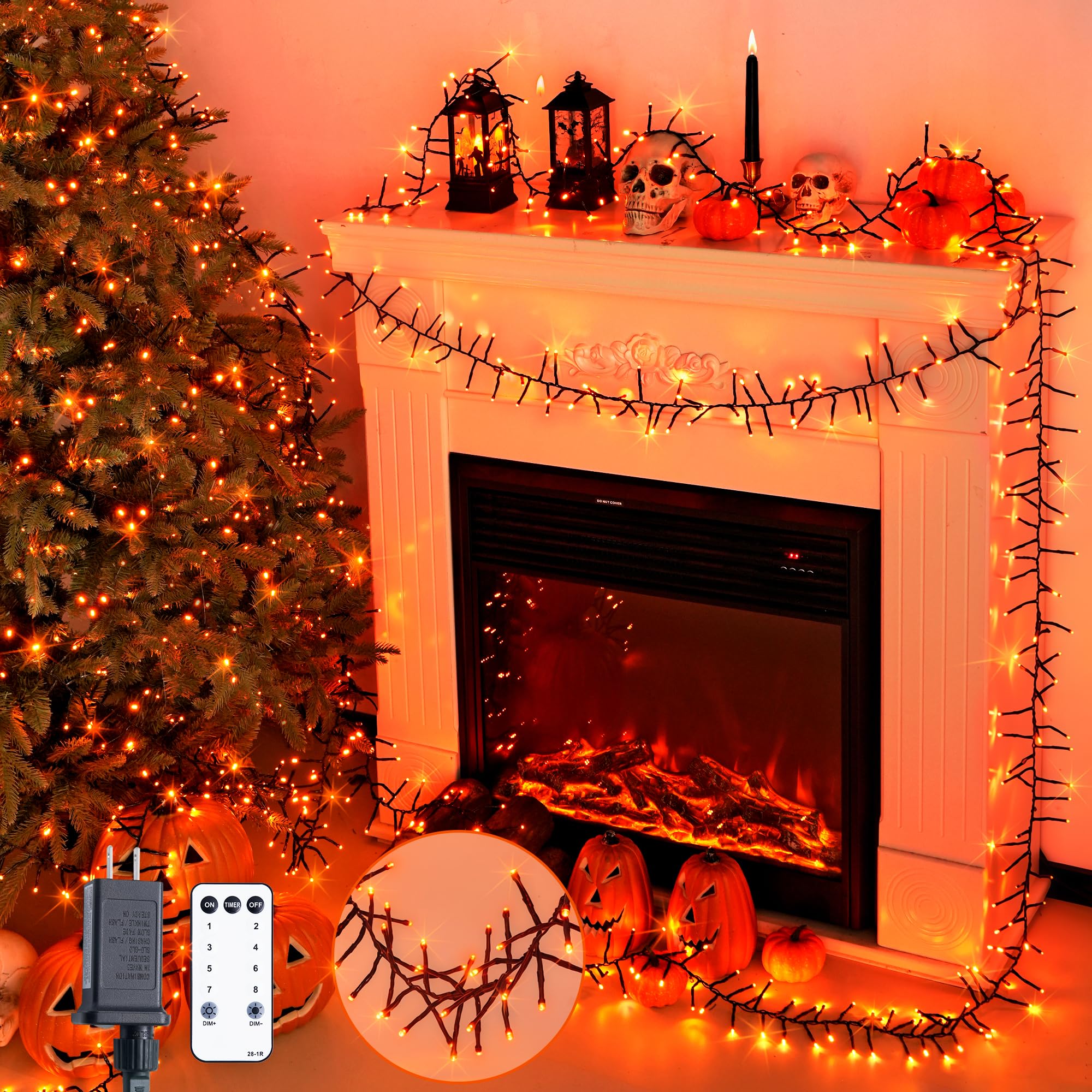 Jmexsuss 400 Led Thanksgiving Lights Green Wire Plug In  20Ft Cluster Light With Remote  8 Modes Orange Lights For Thanksgiving Halloween Fall Tree Garland Wreath Indoor Outdoor Door Decor