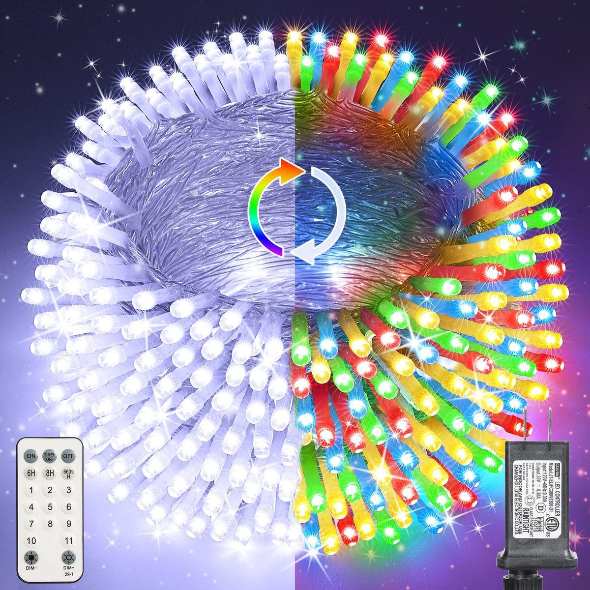Color Changing Christmas Lights, 175Ft 500 Led White & Multicolor Christmas String Lights With Remote, 11 Modes Christmas Twinkl