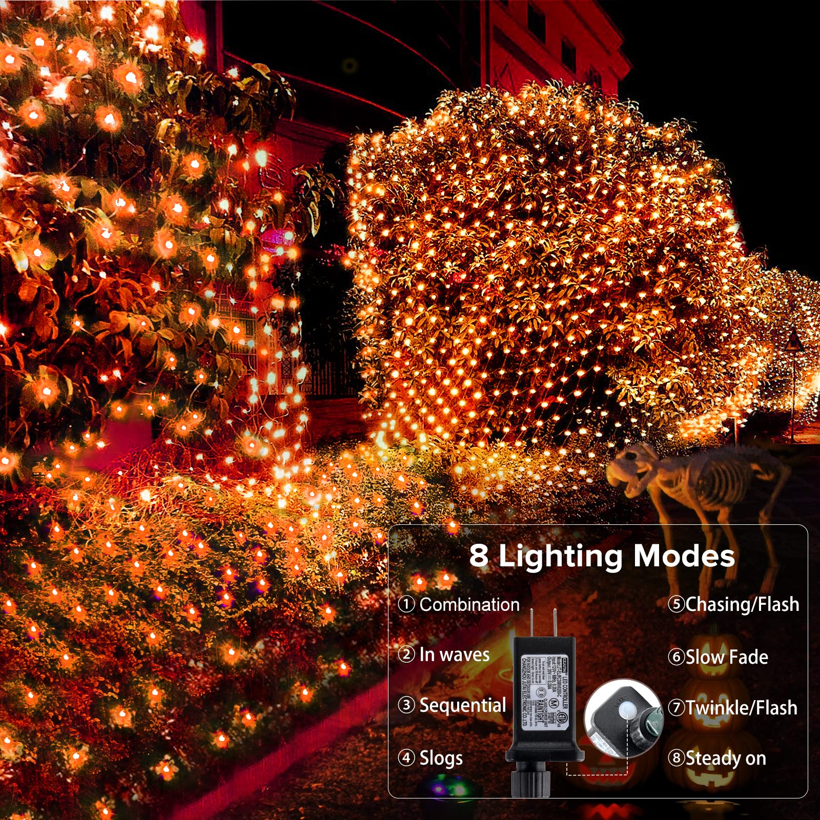 BlcTec Halloween Net Lights 360 LED 9.8ft x 6.6ft, Orange, 8 Modes, Waterproof, Dark Green Wire