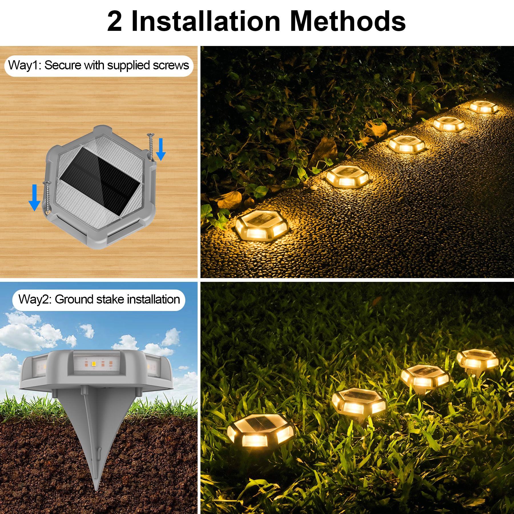 CREPOW Solar Dock Lights - 8 Pack Waterproof LED Aluminum Outdoor Lighting for Driveway, Sidewalk, Garden Pathway (Warm White, Model TS-G7008)