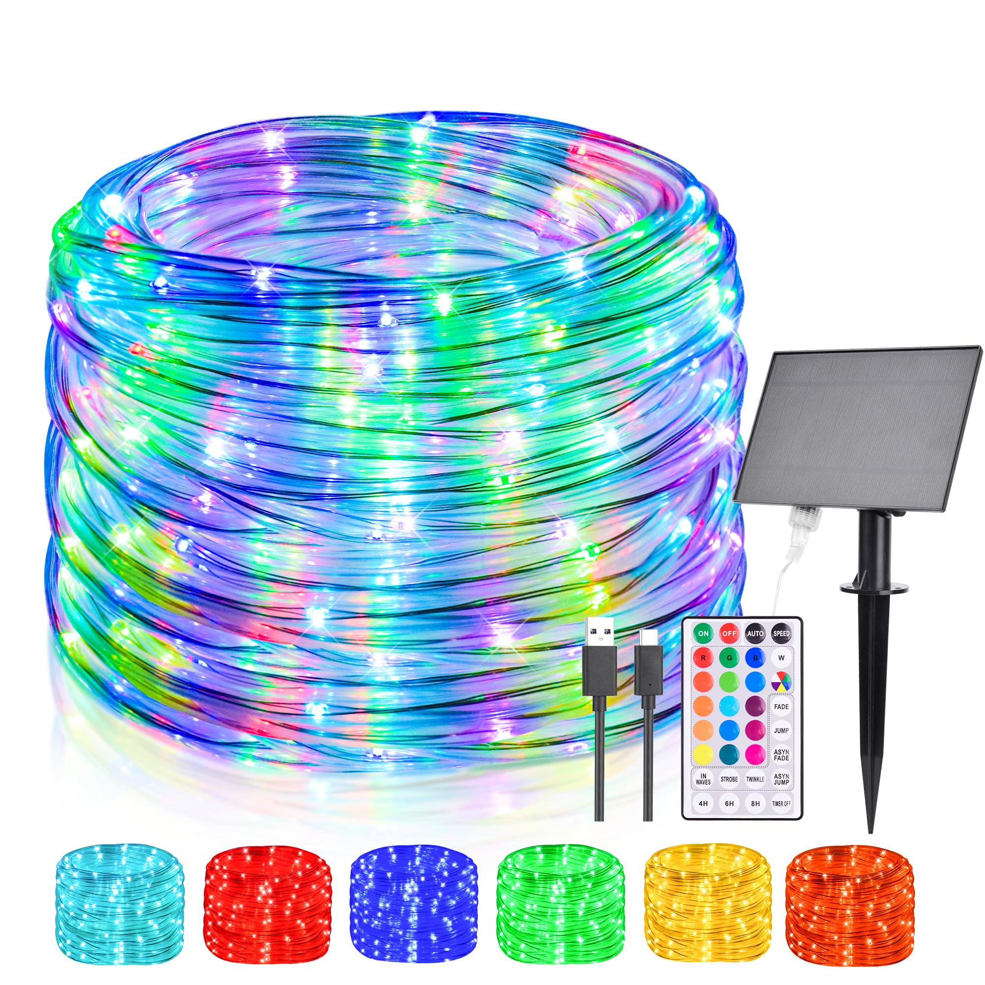 Nazuwke 66Ft Solar Rope Lights Outdoor Waterproof  18 Colors Changing 200 Led String Light Usb & Solar Powered With Remote  Tube Light Fairy Lighting For Outside Patio Fence Pool Christmas Decor