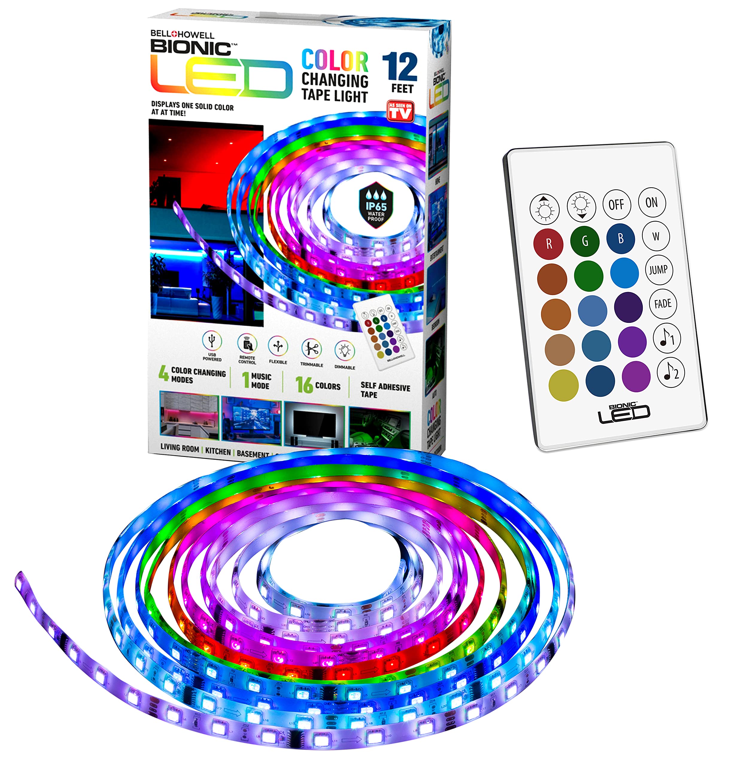 Bell+Howell Bionic LED Tape Light LED Band Light Color Changing Light in 16 Colors  4 Modes with Remote Control - Backlight RGB String/LED Lights for Bedroom  Living Room  Kitchen As Seen On TV