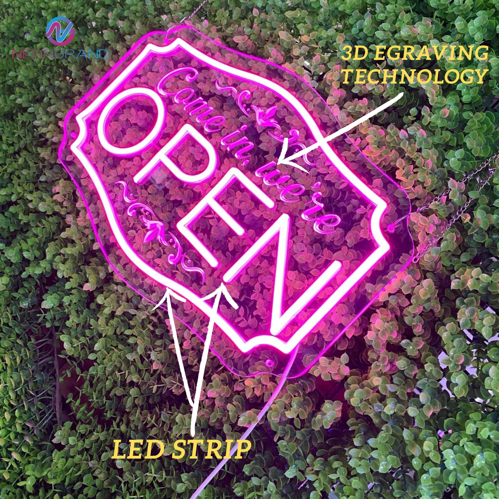 NEONGRAND LED Neon Open Sign - Pink, 16.5x11'', Adjustable Brightness for Business, Party, Bar, Salon, and Hotel Wall Decor