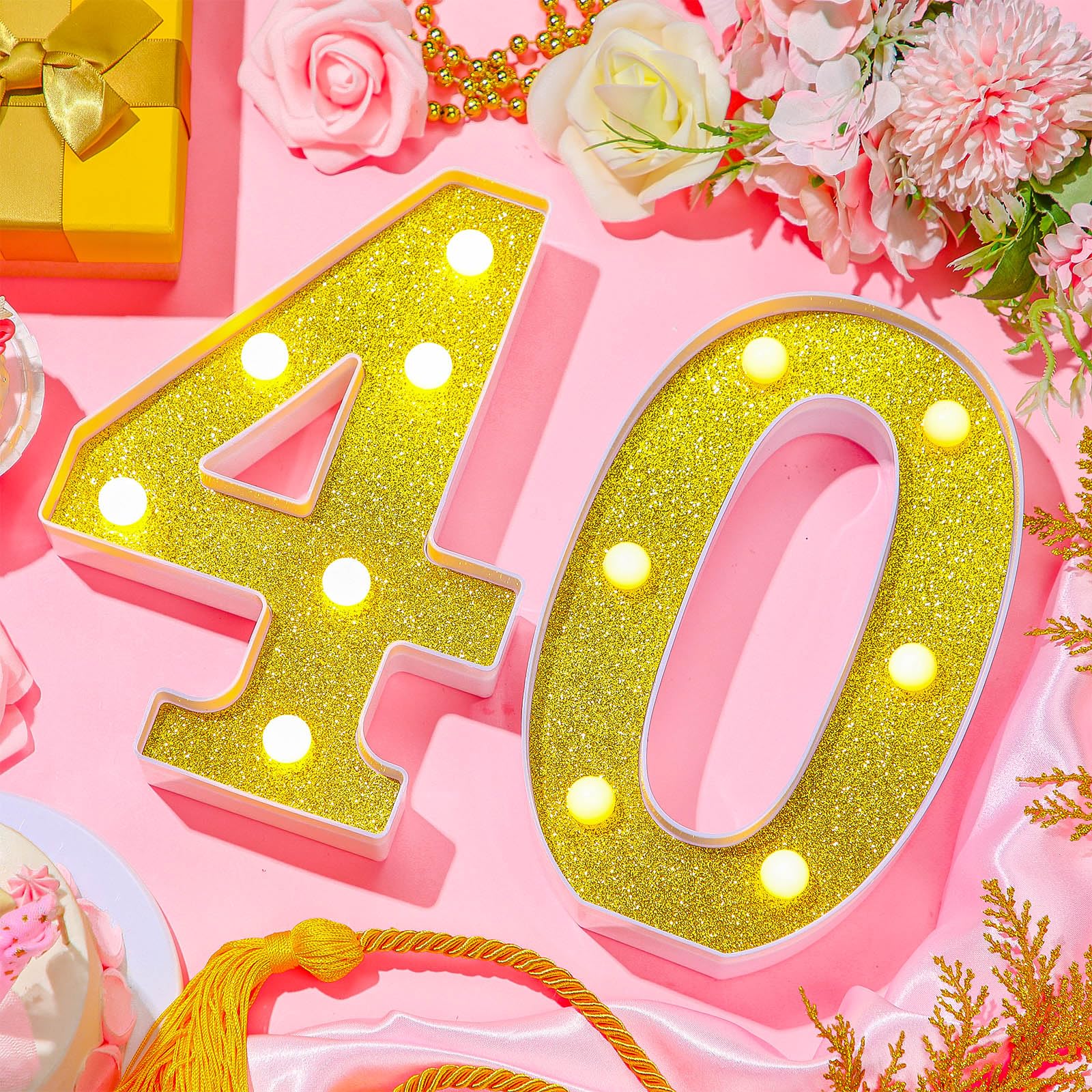 Treela LED Number Sign - 8.7in  Glitter Marquee for 40th Birthday Party Decorations, Gold