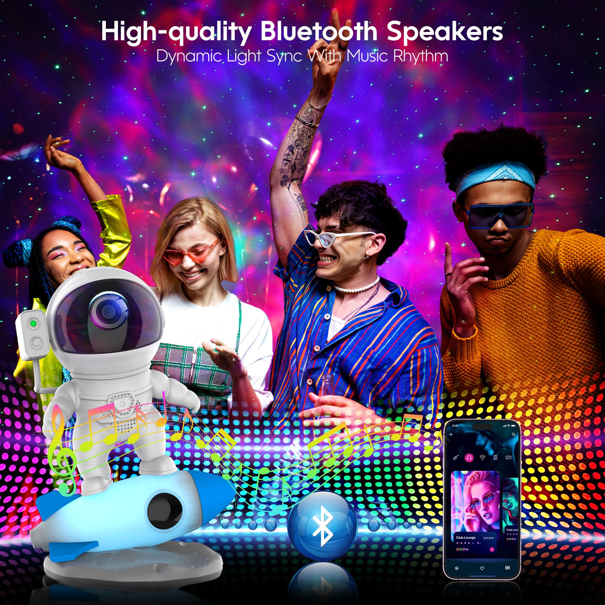 FlyEagle Astronaut Galaxy Projector with Remote Control, Bluetooth Speaker, LED Night Light, White, Model BL-HJ07