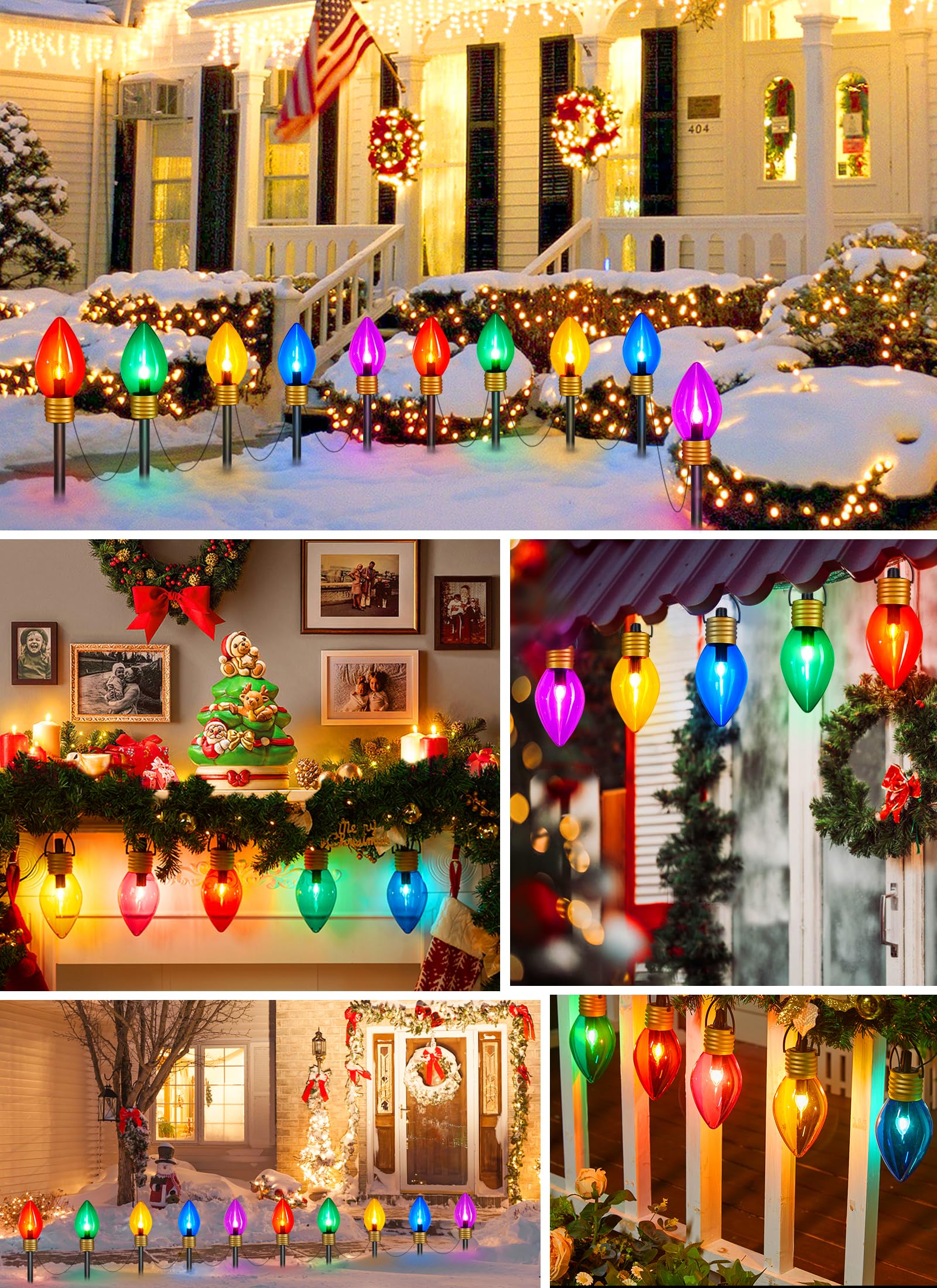 Minetom C9 LED Christmas Lights 2 Pack, 10.5Ft Multicolor Bulbs with Marker Stakes for Outdoor Pathway and Garden Decor