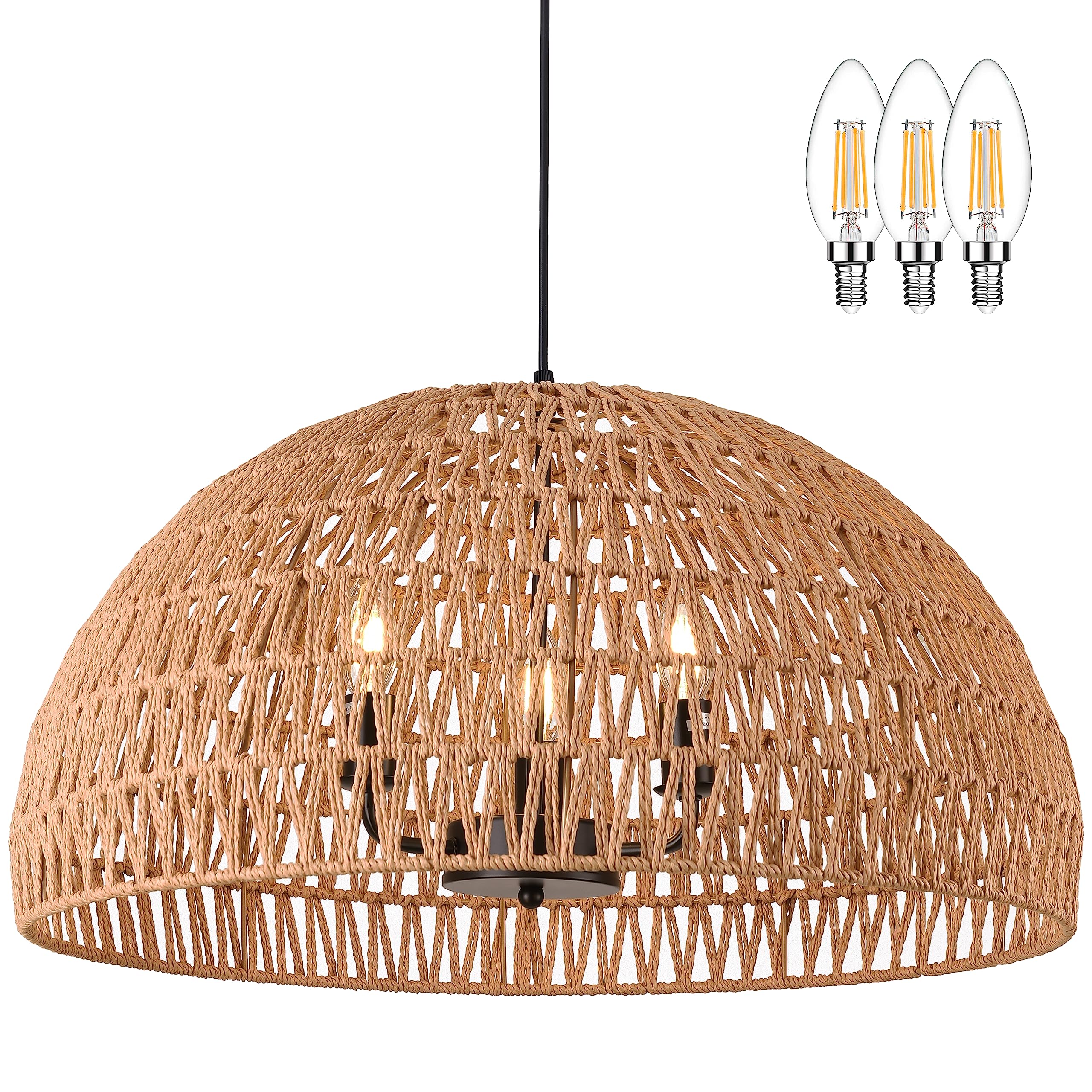 Ayshwilldec 24&quot; Brown Woven Pendant Light - Boho Chandelier For Dining Room, Living Room, Kitchen