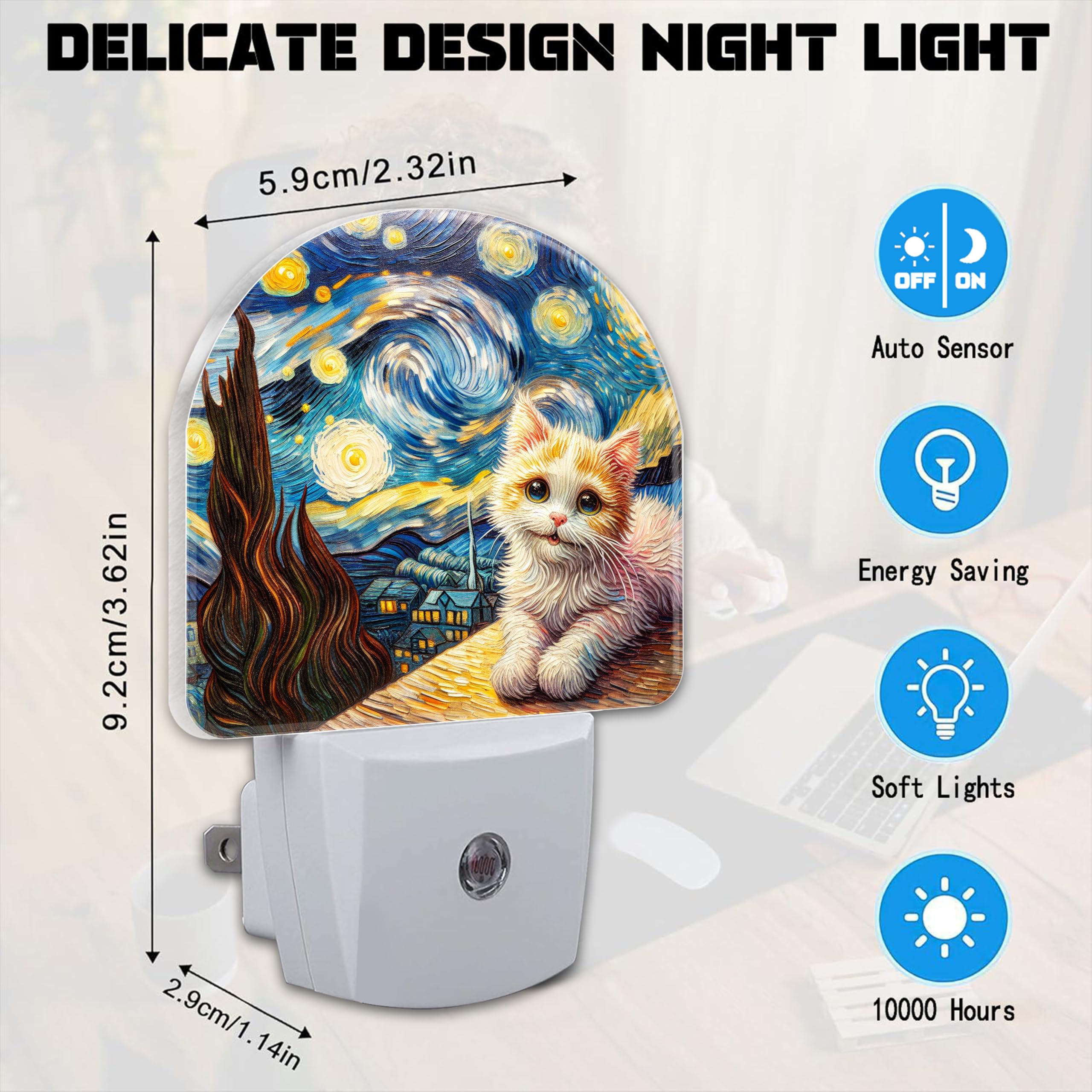 VURQLHE Cute Cat and Starry Night Night Light for Kids,Van Gogh Oil Painting Plug in Night Light with Dusk to Dawn Sensor, 0.5w