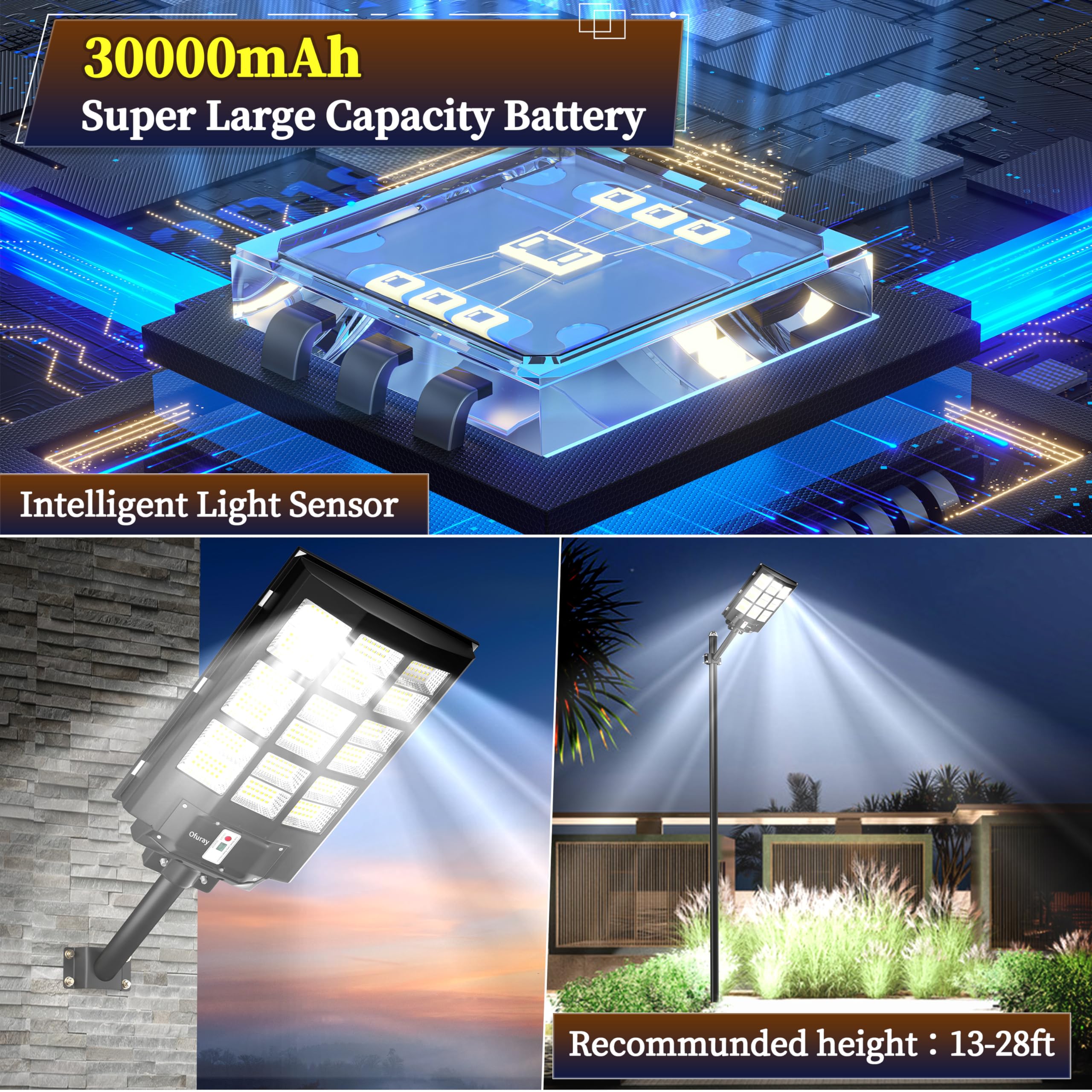 Ofuray Of-3600W Solar Street Lights, 218000LM Waterproof LED, Remote Control, Black, Dusk to Dawn, 1 Pack