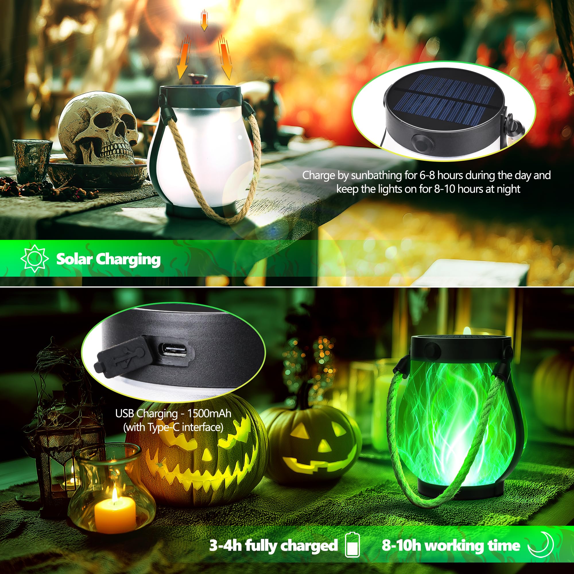 Ibaycon 2 Pack Solar Lanterns Lights  Halloween Flickering Flame Garden Lights With 2 Modes Dual Charging Usb & Solar  Outdoor Waterproof Hanging Lantern For Party Holiday Halloween Decor (Green)