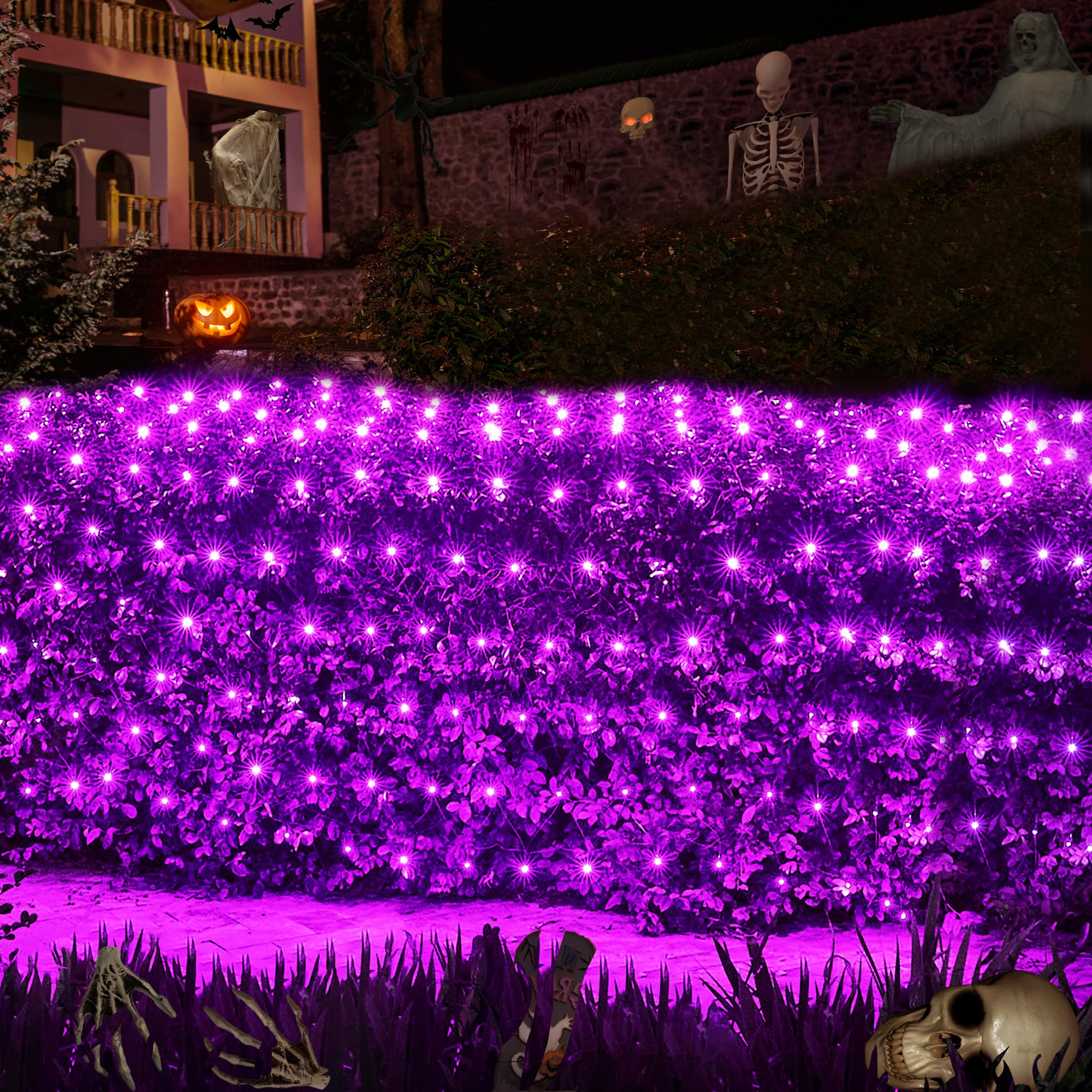WBao Halloween Net Lights 360LED 11.5ft x 6.9ft Waterproof Dark Green Wire, 8 Modes, Purple