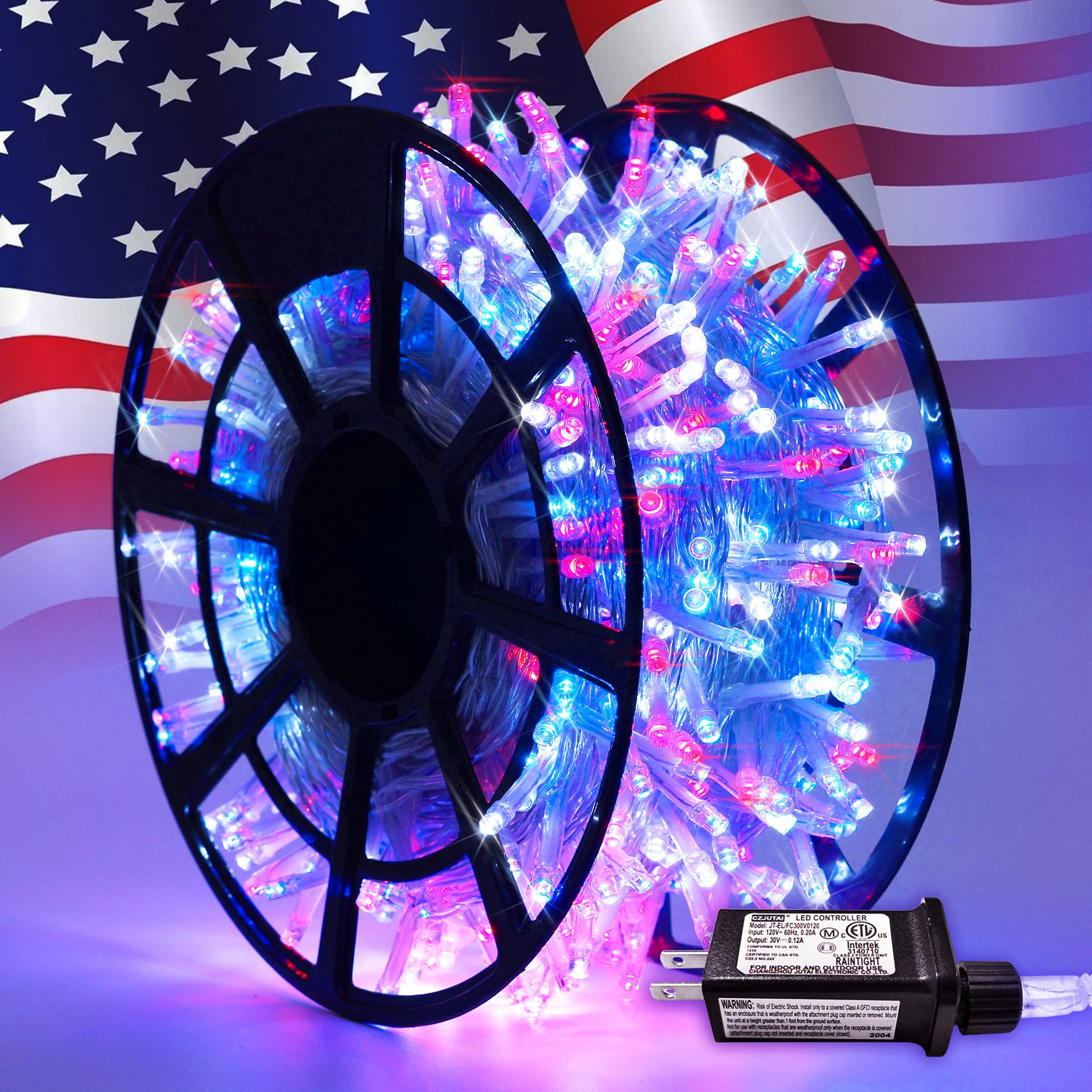 JMEXSUSS 168FT 600 LED 4th of July Lights Plug in Patriotic Lights Outdoor Waterproof 8 Modes Red White and Blue Lights for Independence Day American Flag Holiday Party Christmas Tree Decorations
