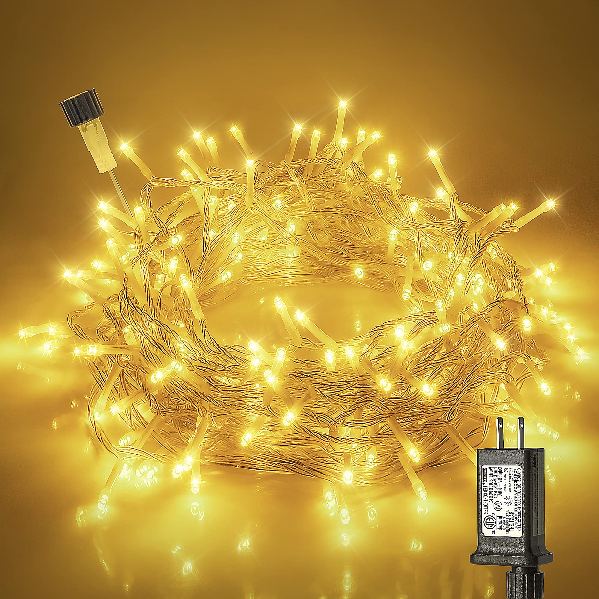 Hopolon 100 LED Twinkle Fairy Lights, 33ft Warm White Indoor Outdoor, Waterproof Clear Wire, Model QX-U-O-S-100-A-C