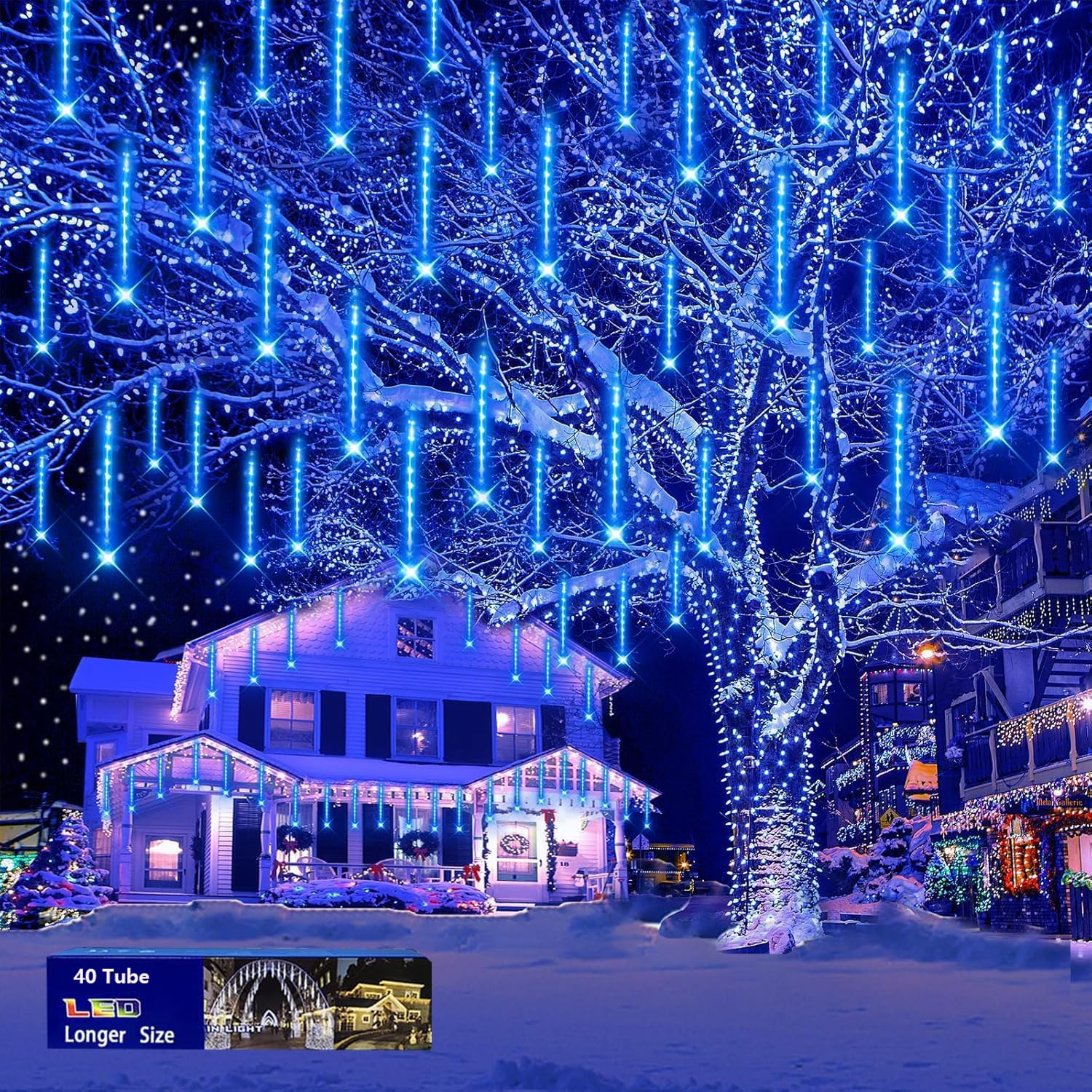 Purtuemy Blue Christmas Icicle Lights Outdoor: 40 Tube(Equivalent To 5 Sets Of 8-Tubes) Meteor Shower Rain Lights - Waterproof Christmas Halloween Decorations For Yard Outside Tree Roof  Ul Plug