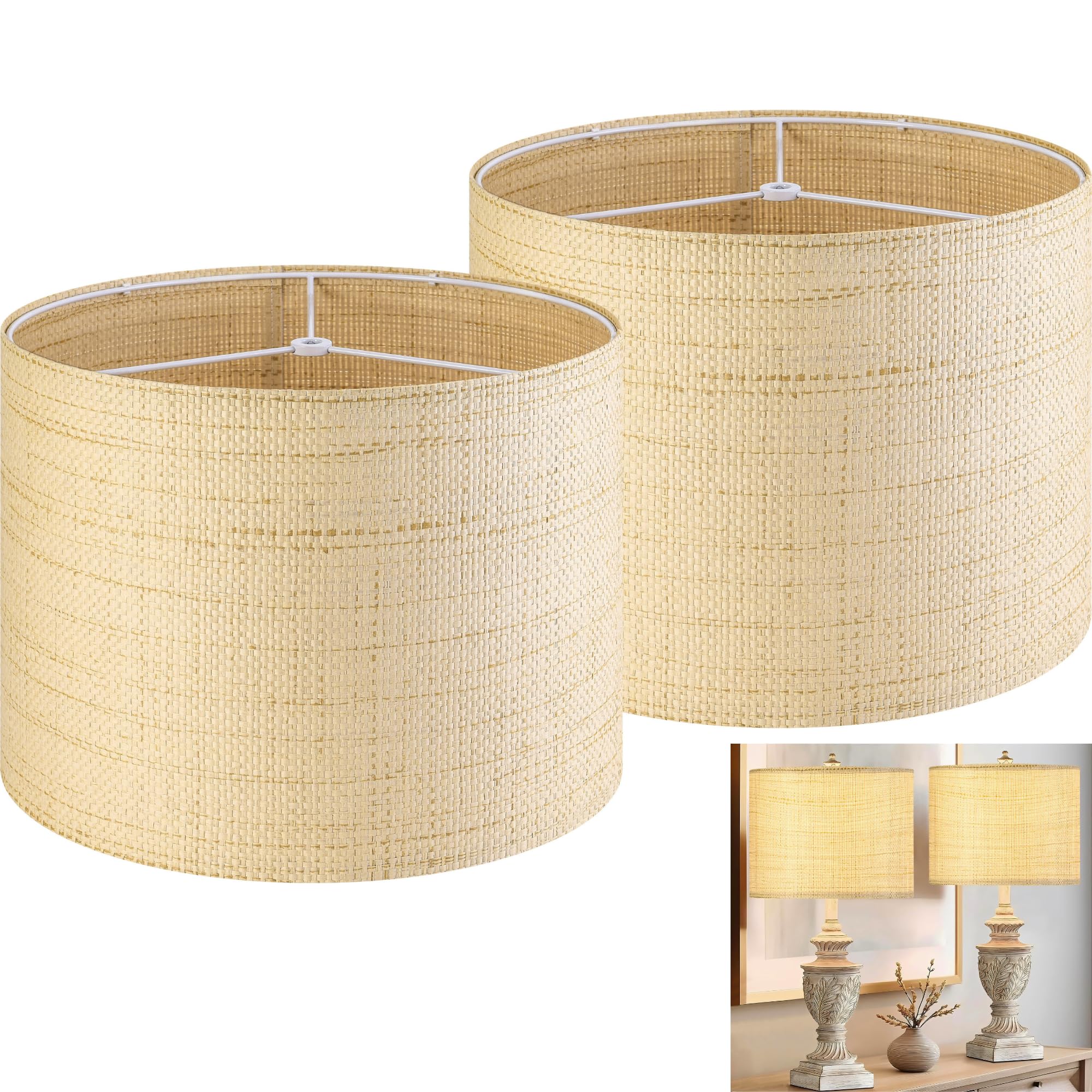GO&SO Medium Drum Lamp Shades Set of 2 Woven Lampshades  13 L x 13 H (E26 Spider) Farmhouse Lampshades for Table Lamp & Bedside Lamps  Replacement Lamp Shade In Hand Crafted Easy Assembly Required