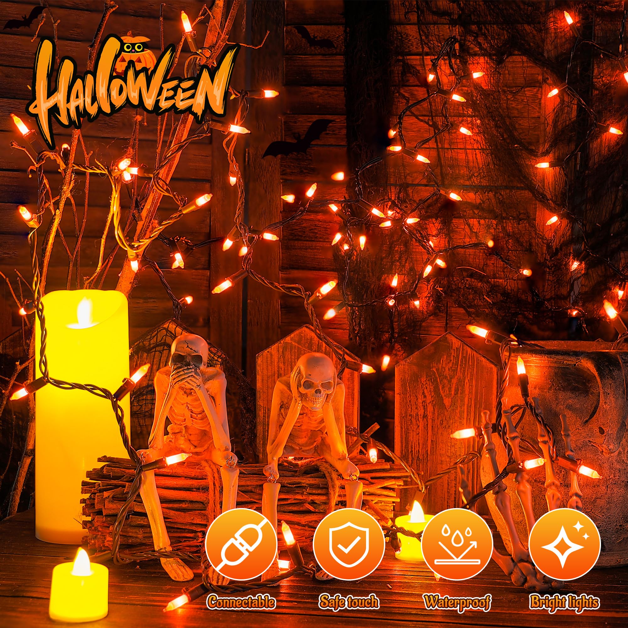 Youngar Orange Halloween Lights, Clear Christmas Lights Outdoor,13Ft 50 Ul Approved Christmas String Lights With Brown Wire,Inca