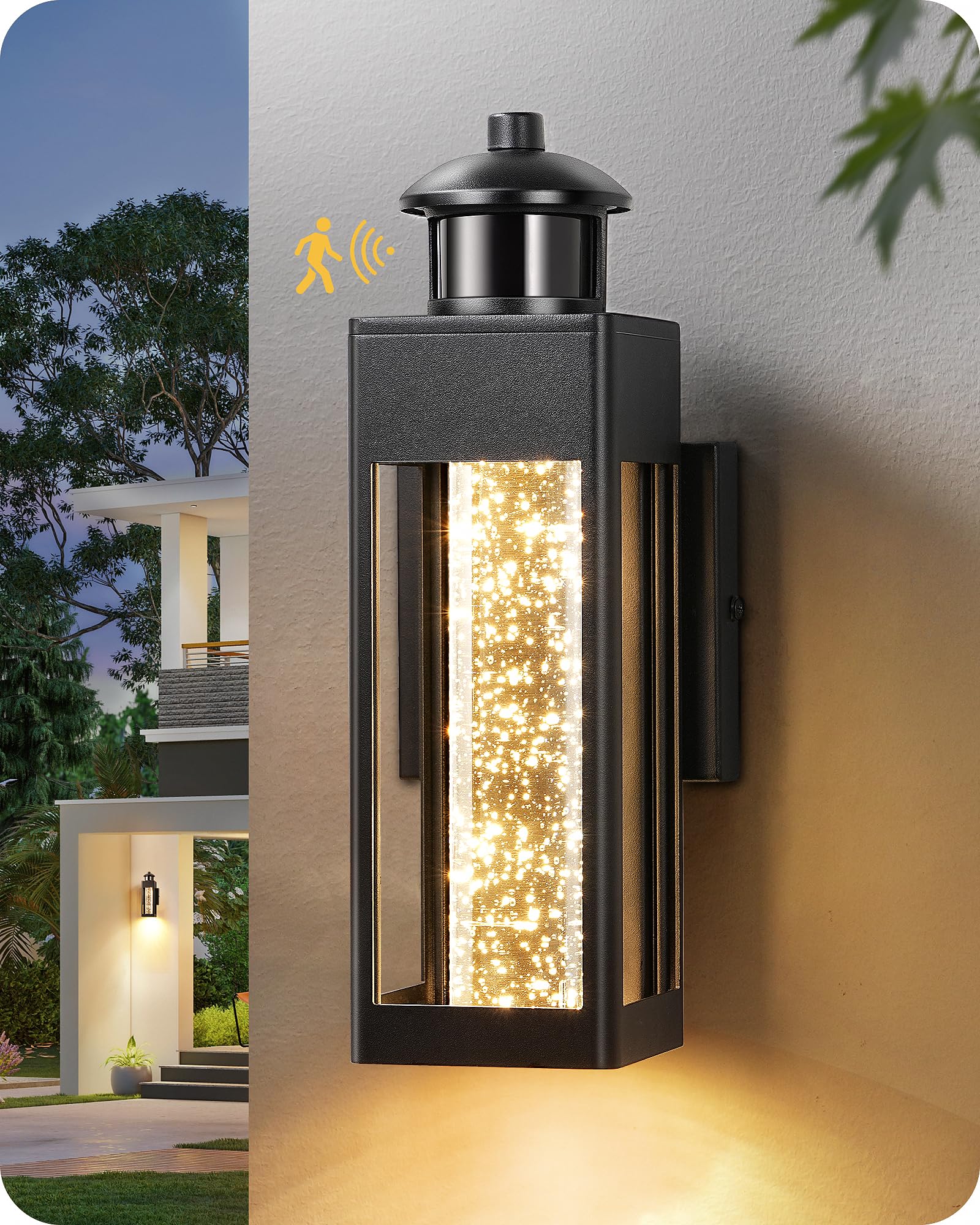 EDISHINE Motion Sensor Outdoor Wall Lights, Dusk to Dawn Exterior Lighting Fixture with Crystal Bubble Glass, LED Outdoor Porch