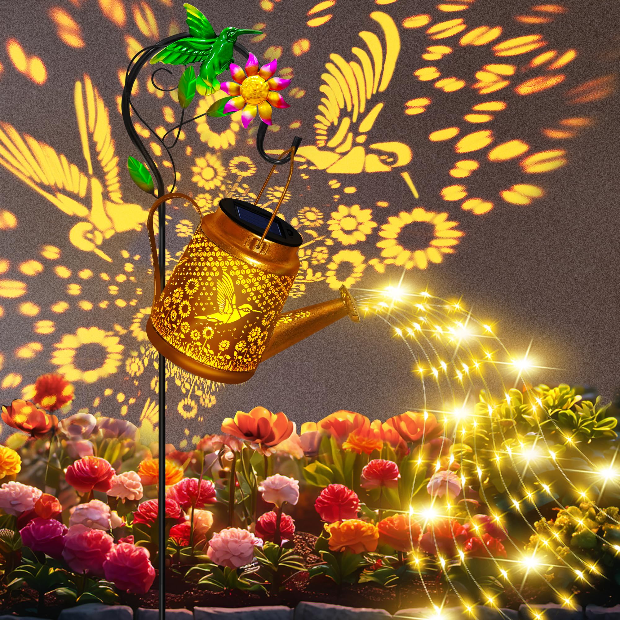 Hummingbird Solar Watering Can Lights, Outdoor Waterproof Garden Lanterns with Shepherd Hook, Solar Garden Decor for Yard Outdoo