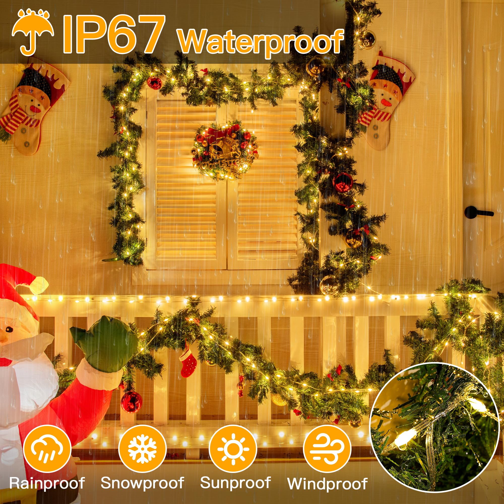 Ollny Christmas Lights Warm White, 600Led 197Ft Christmas Tree Lights Ip67 Waterproof, Plug In Fairy Lights With Remote 8 Modes