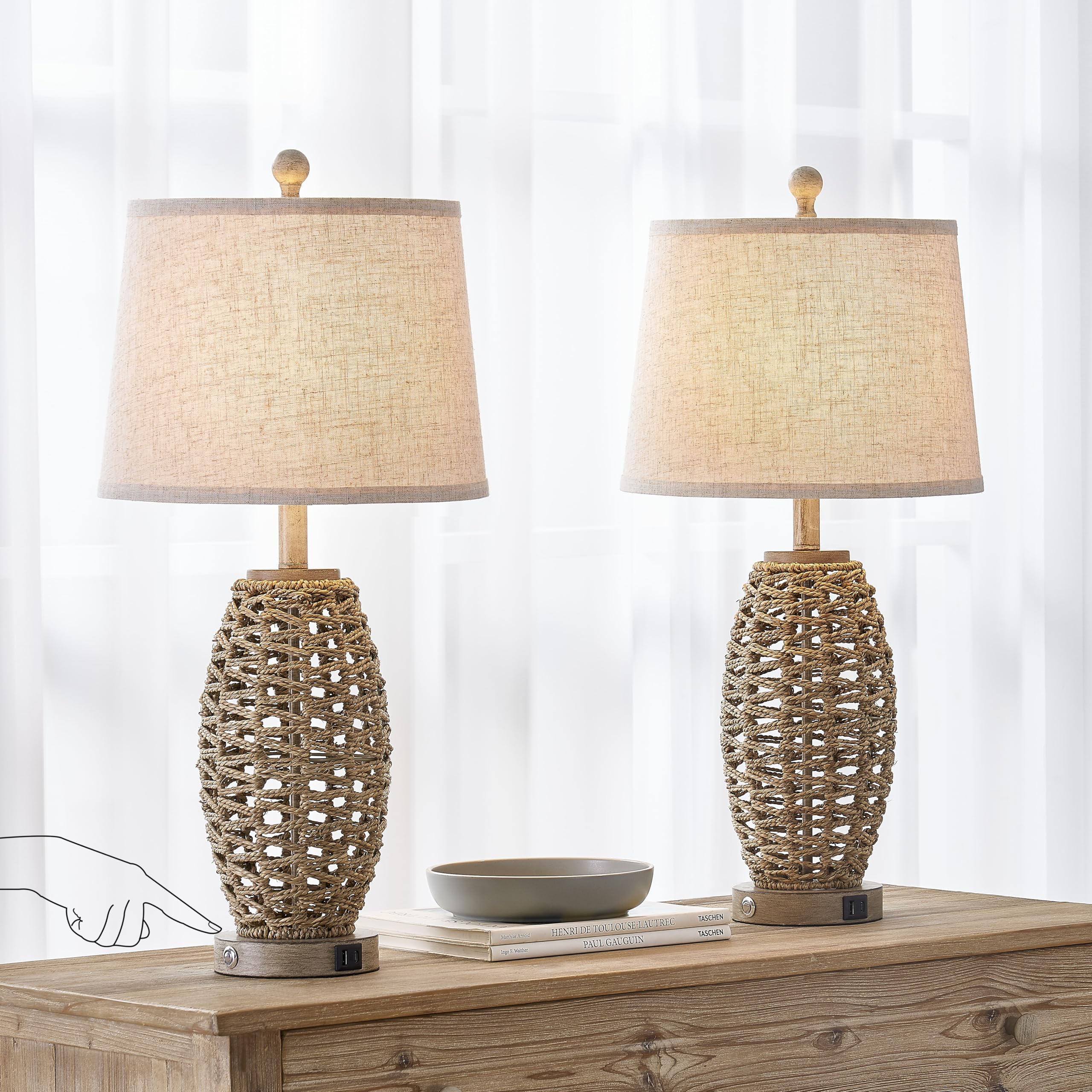 Generic 27in Natural Rattan Table Lamps Set of 2, 3-Way Dimmable, USB Charging Ports, Oatmeal Lampshade, Model HT23T0816