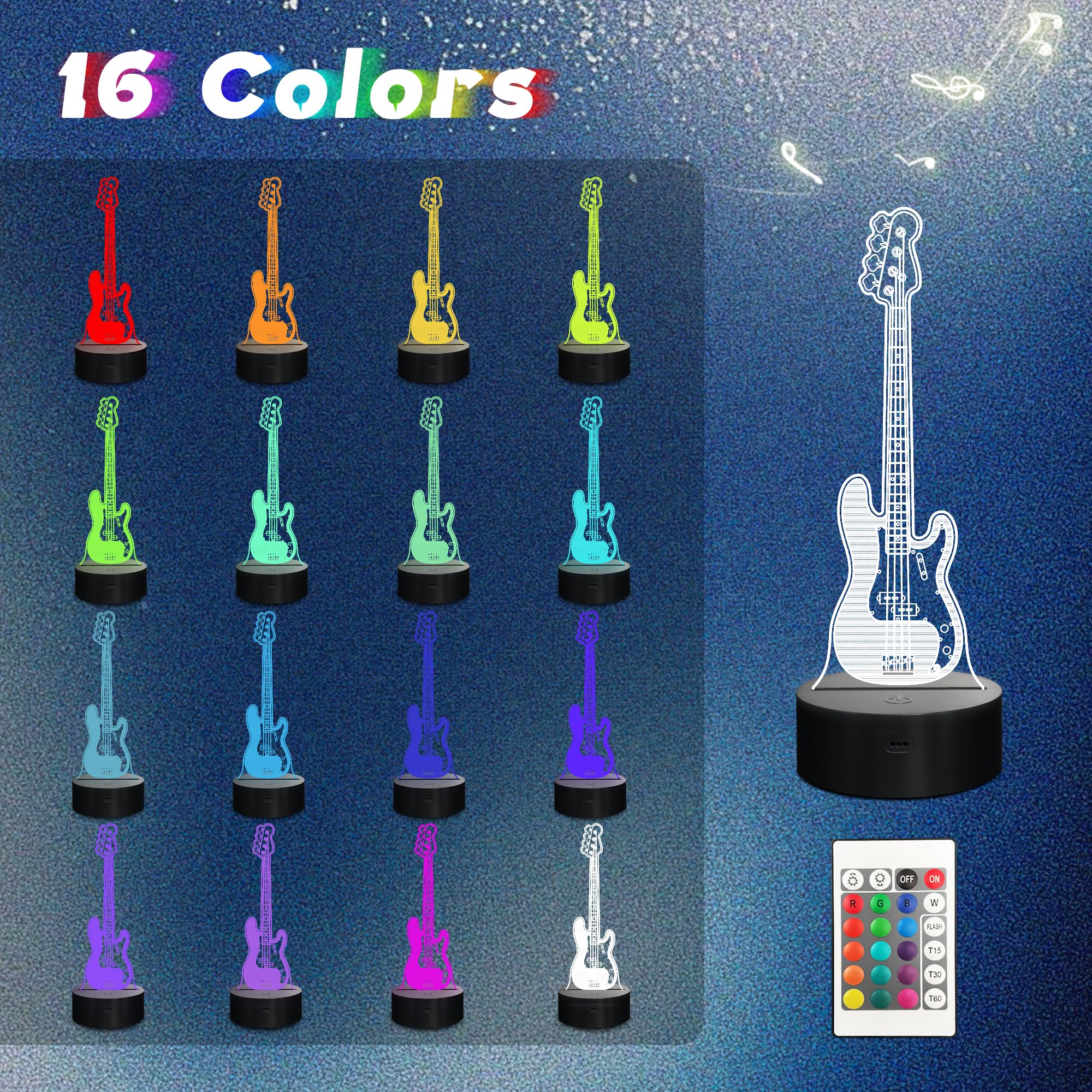 CoolGift Mart Bass Guitar Night Light, 3D LED Optical Illusion Lamp with Remote Control and Timer, Gifts for Bass Guitars Player