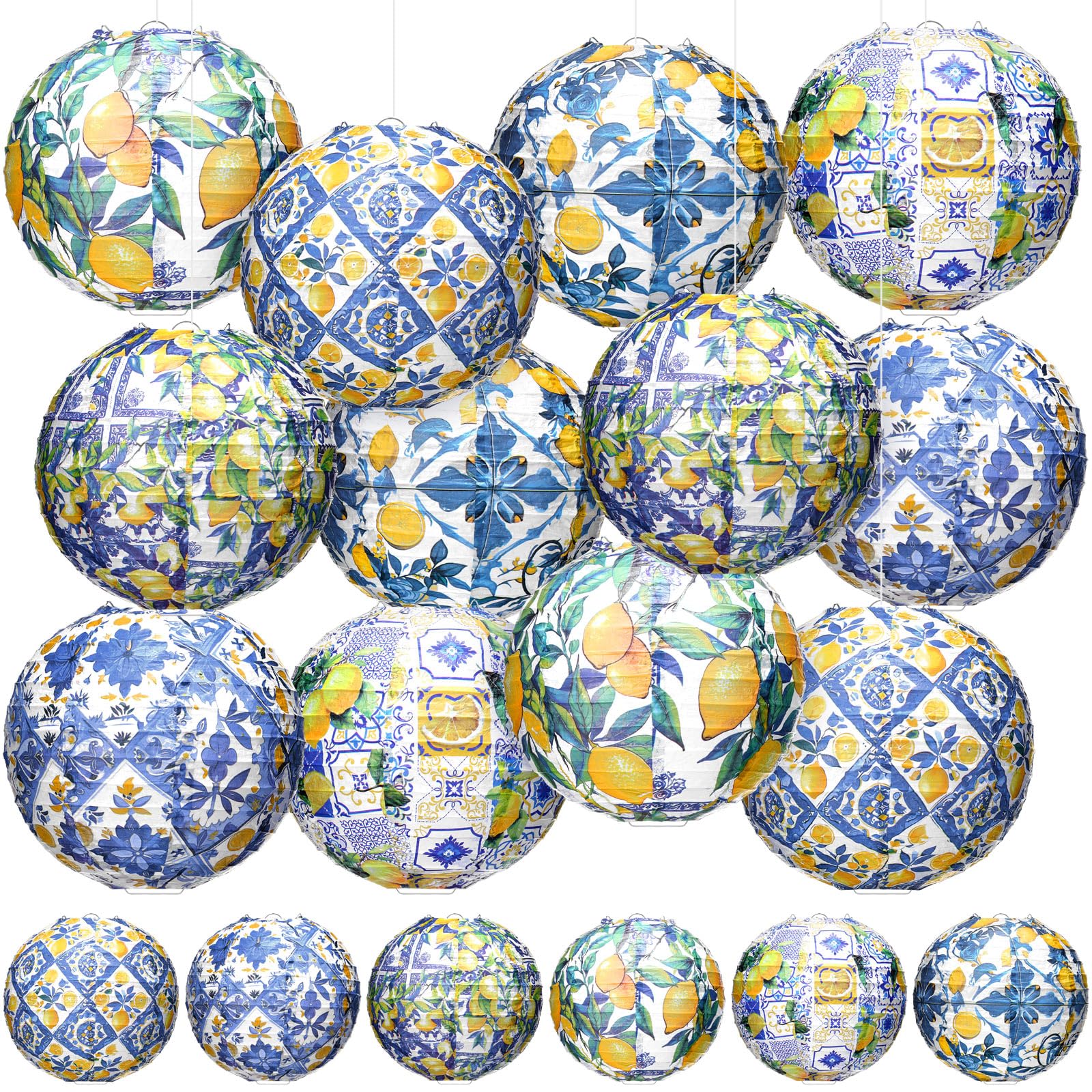 Rossesay 12 Pcs Capri Lemon Paper Lantern 8 Inch Blue Yellow Lemon Hanging Lantern Indoor Outdoor Lemon Birthday Party Decoratio