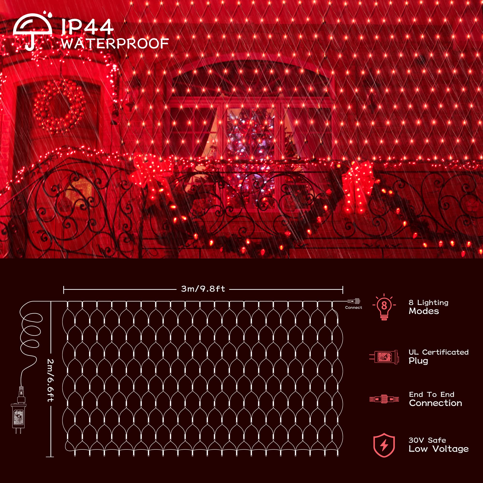 oopswow Christmas Net Lights, 192 LED, 8 Modes, 30V Low Voltage, 9.8ft x 6.6ft, Red, Model QX-U-O-N-