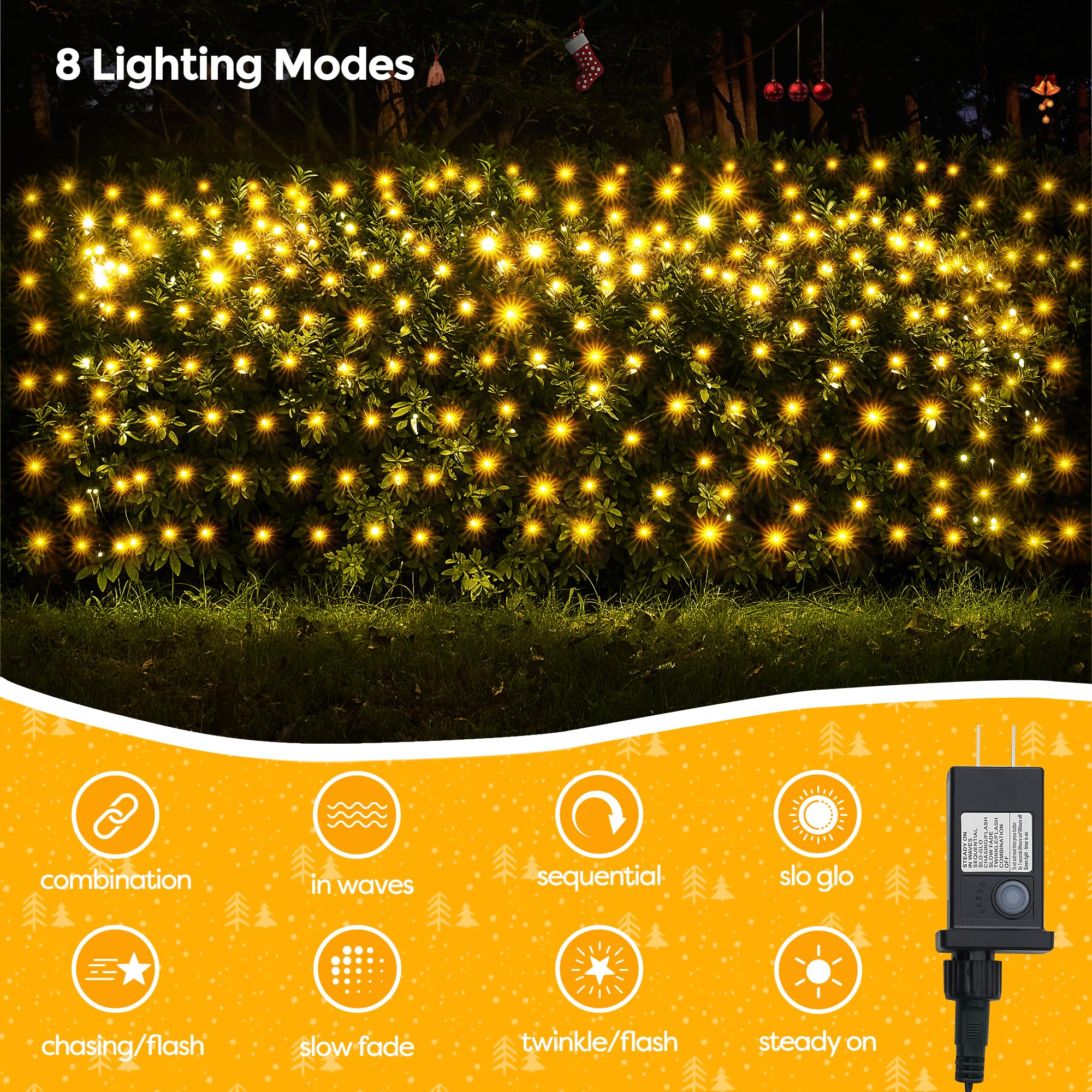 Wbao Christmas Net Lights, 200Led 8.4Ft X 5.2Ft Christmas Bushes Lights With 8 Modes, Timer, End To End Connectable, Waterproof Design For Lawn, Bushes, Trees Outdoor Christmas Decorations, Warm White