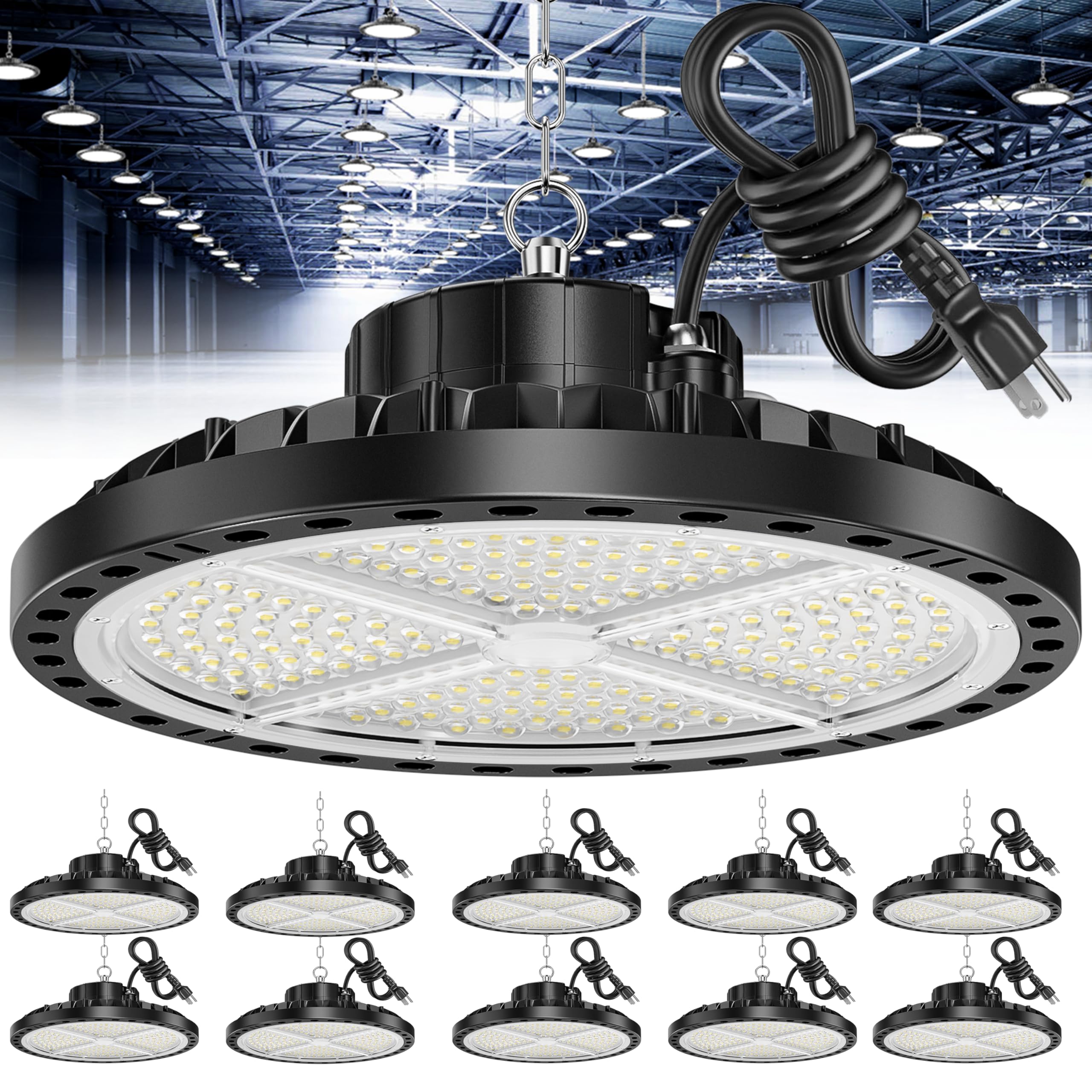 ISKYDRAW UFO LED High Bay Light 200W, 10 Pack Shop Lights for Warehouse with Plug, 30000LM 6500K Daylight IP65 Waterproof Commer