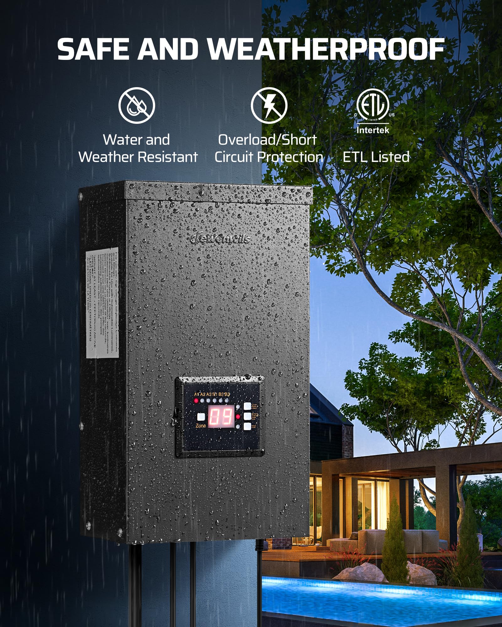 DEWENWILS 600W Low Voltage Landscape Transformer - 6 Outputs, Photocell & Timer, Waterproof 12V/14V AC, Model HOSL08E