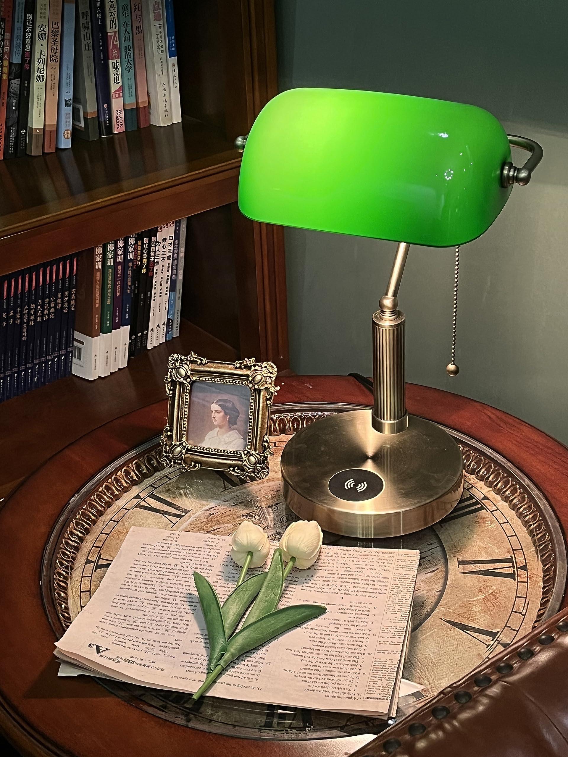 Firvre Green Glass Bankers Lamp With Usb & Wireless Charging, E26 Base, Traditional Design