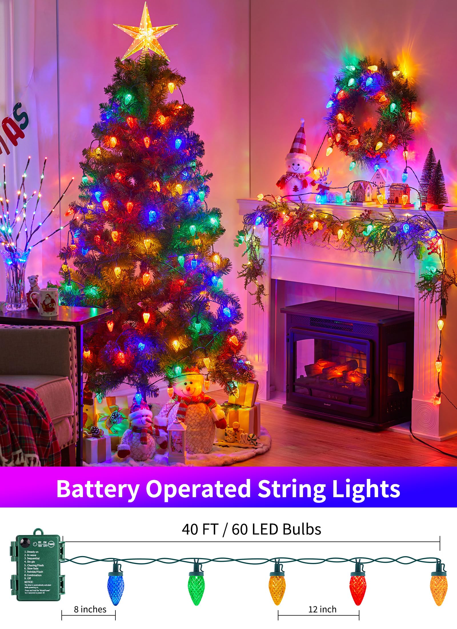 Minetom C9 LED Christmas Lights, 40ft 60 Multicolor String Lights with Timer, Waterproof for Indoor/Outdoor Use