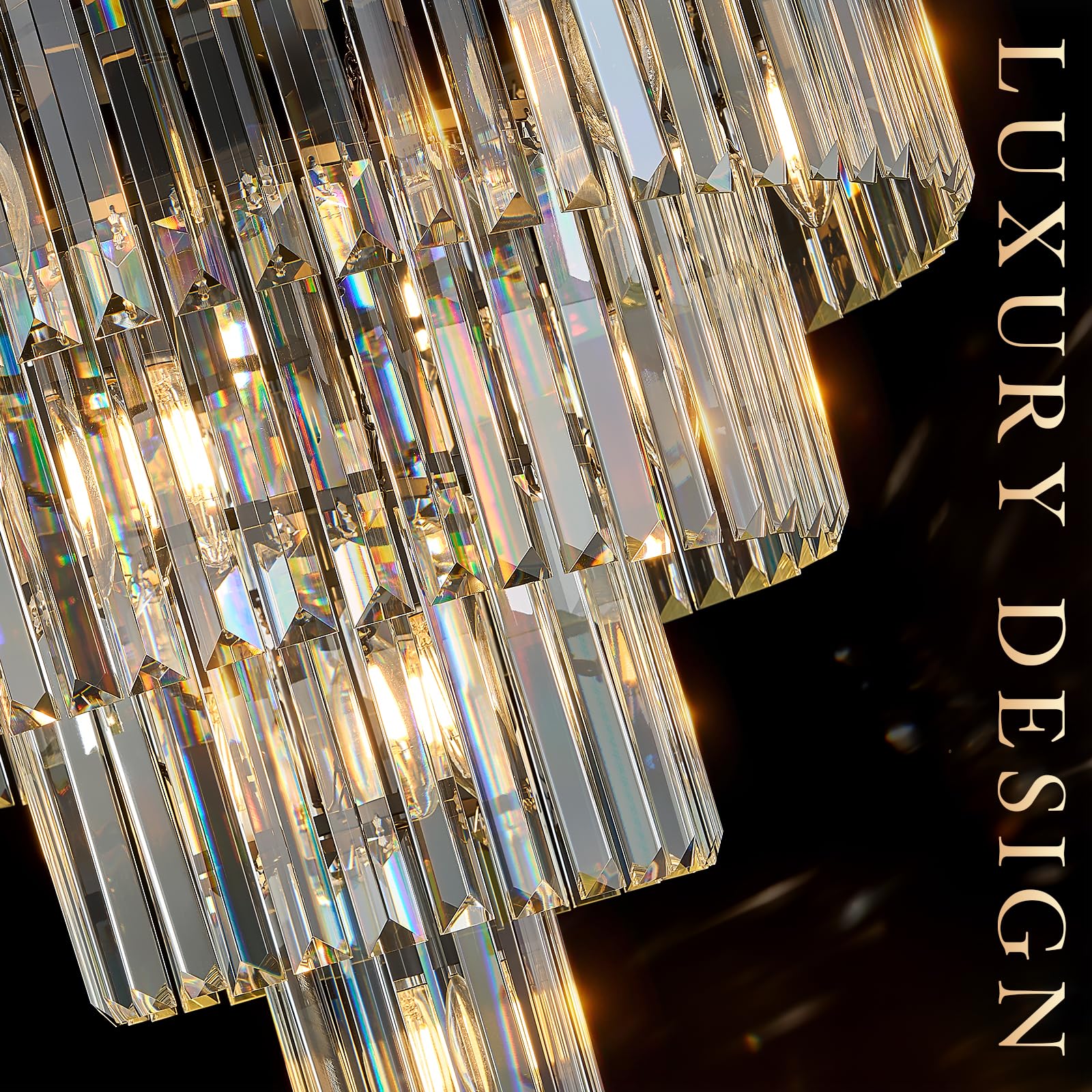 CATINER 24" Modern Crystal Chandelier, 15 Lights Black Pendant, Luxury 5-Tier K9 Crystals for Dining Room, Living Room, Foyer, Kitchen