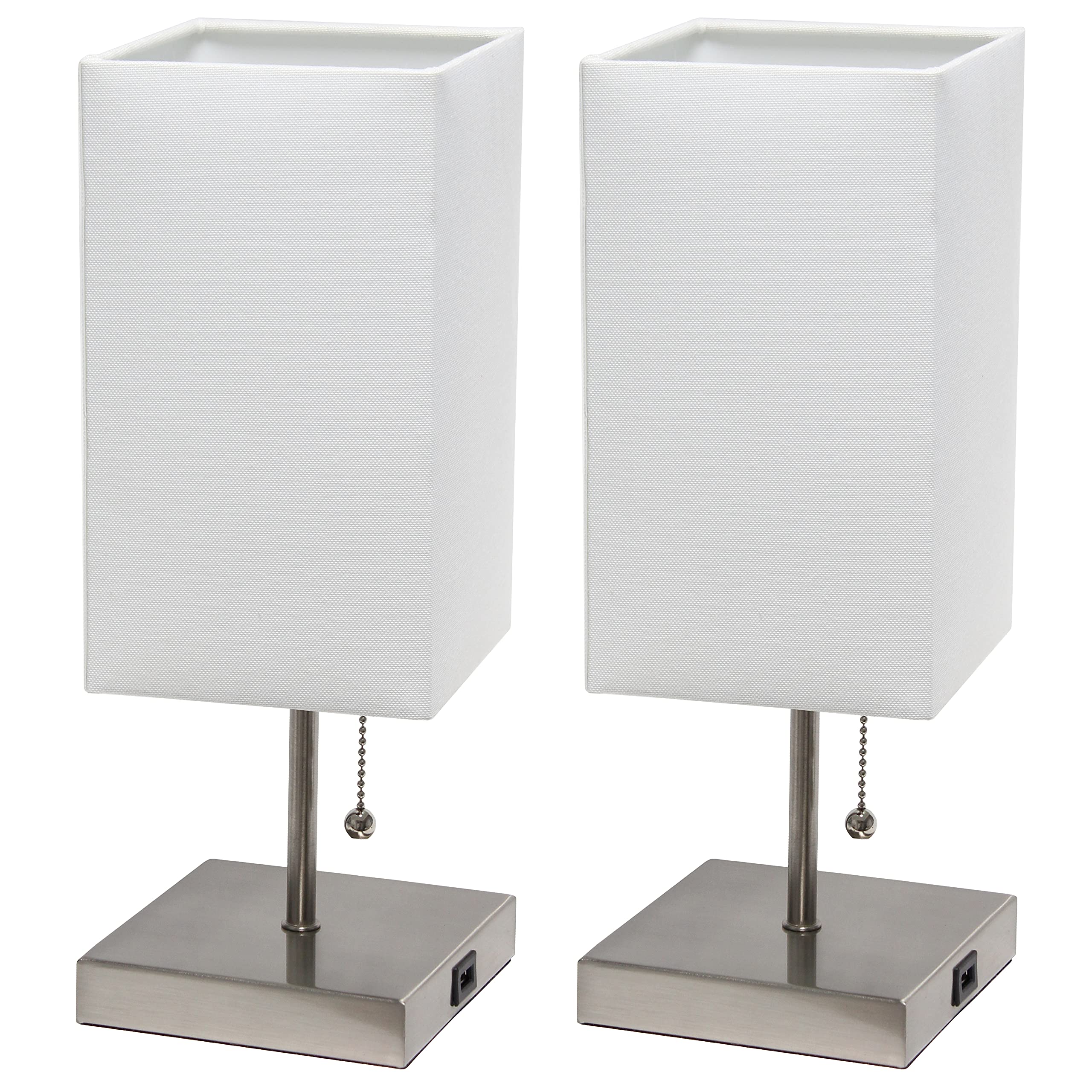 Simple Designs Lc2003-Wht-2Pk Small 2 Pack Usb Charging Bedside Lamp Set, Brushed Steel/White