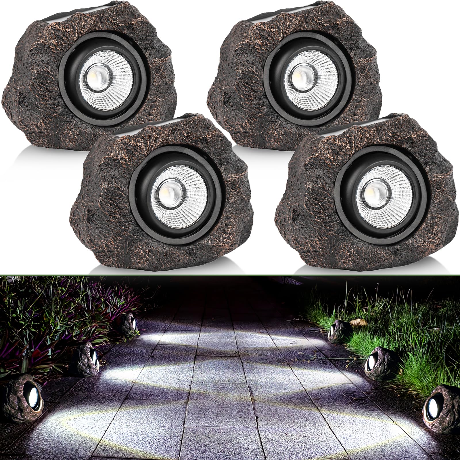 Candieslife Solar Garden Rock Lights - IP65 Waterproof LED Spotlight, 4 Pack, Bronze, Model CL-SGRL-4P
