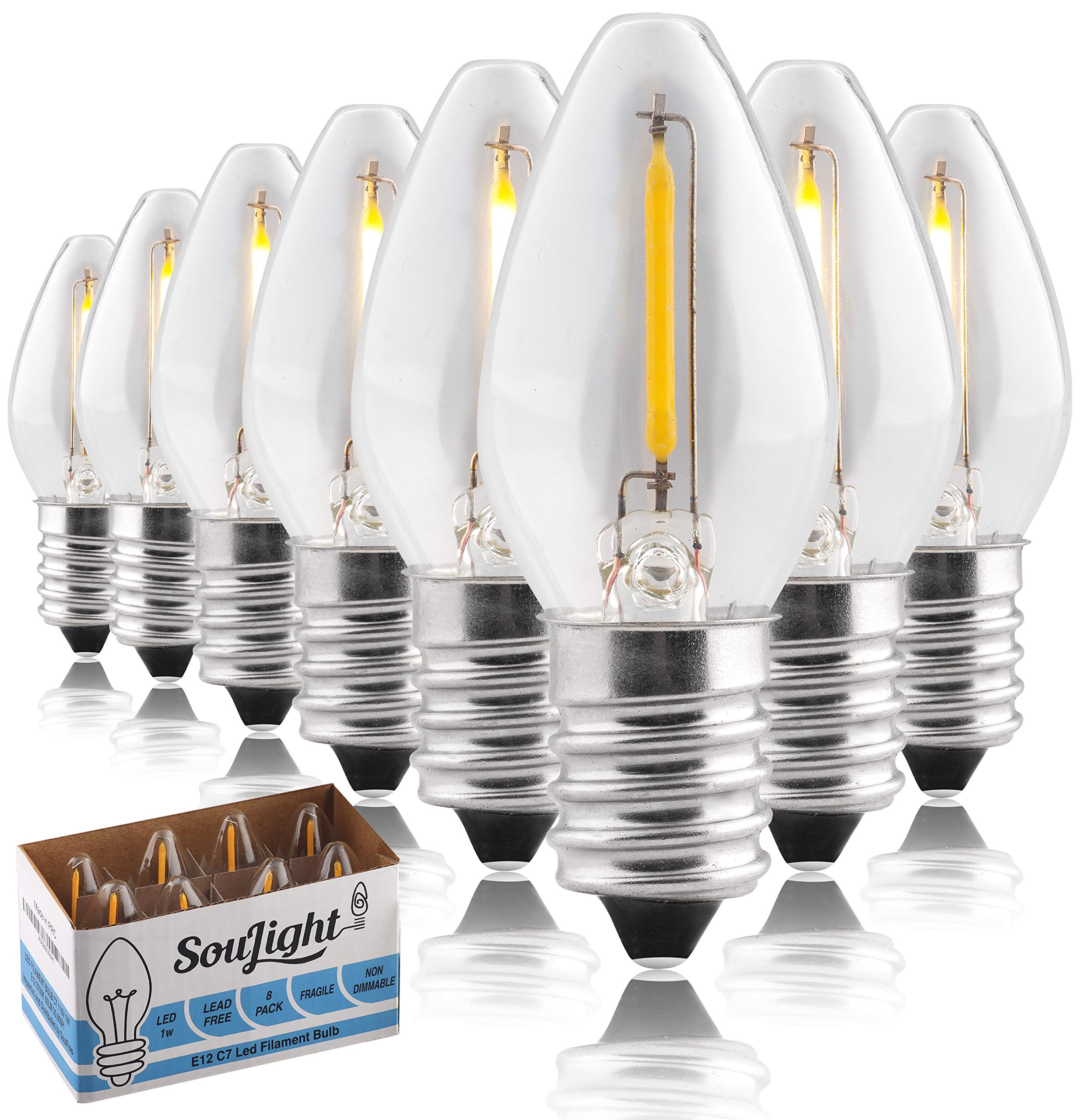 SouLight LED Night Light Bulb, C7 E12, 1W Equivalent, Warm White 2700K, 8 Count, Soft Warm White, Ideal for Candles & Chandeliers