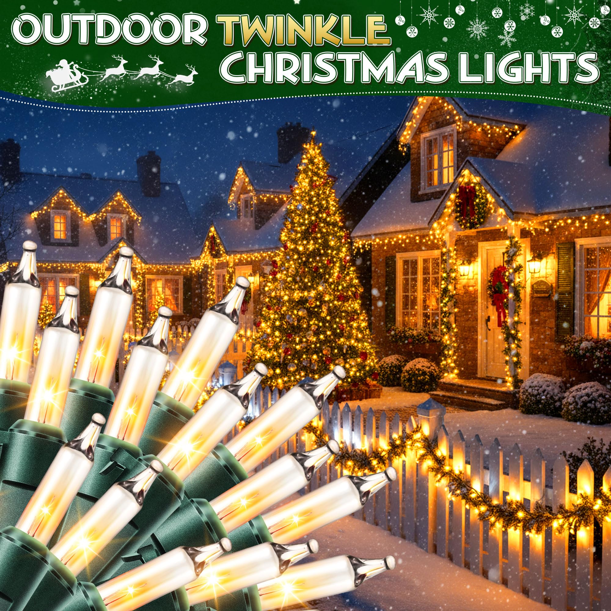 Enhon Twinkle Christmas Lights, 50.4 FT, 24 Random Twinkle Bulbs, IP44 Waterproof, White, Model LCH7-100L/2F